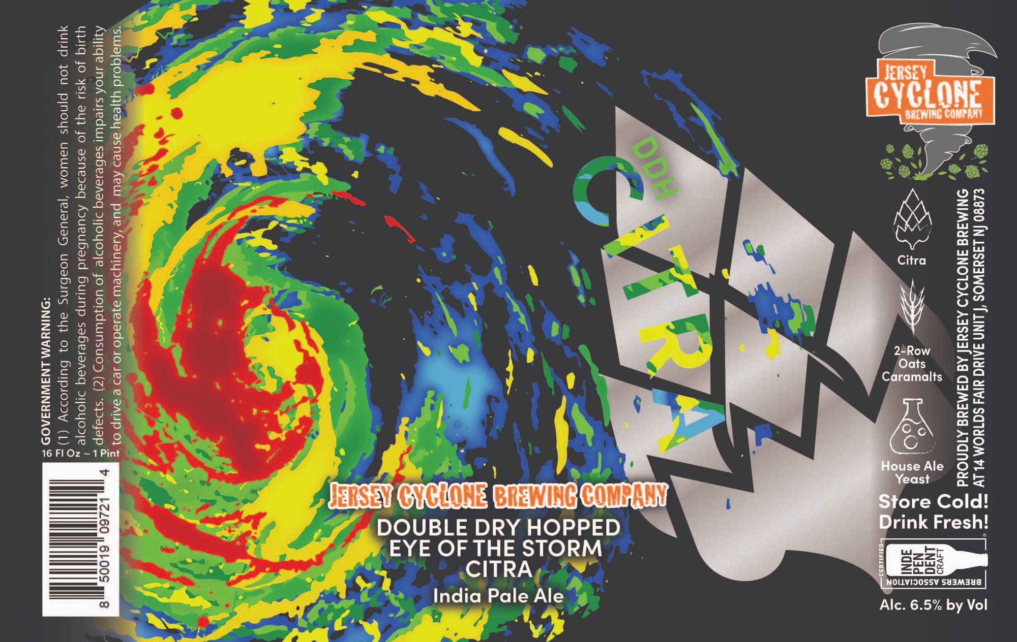 Eye of the Storm Citra India Pale Ale by Jersey Cyclone Brewing Company - beer label