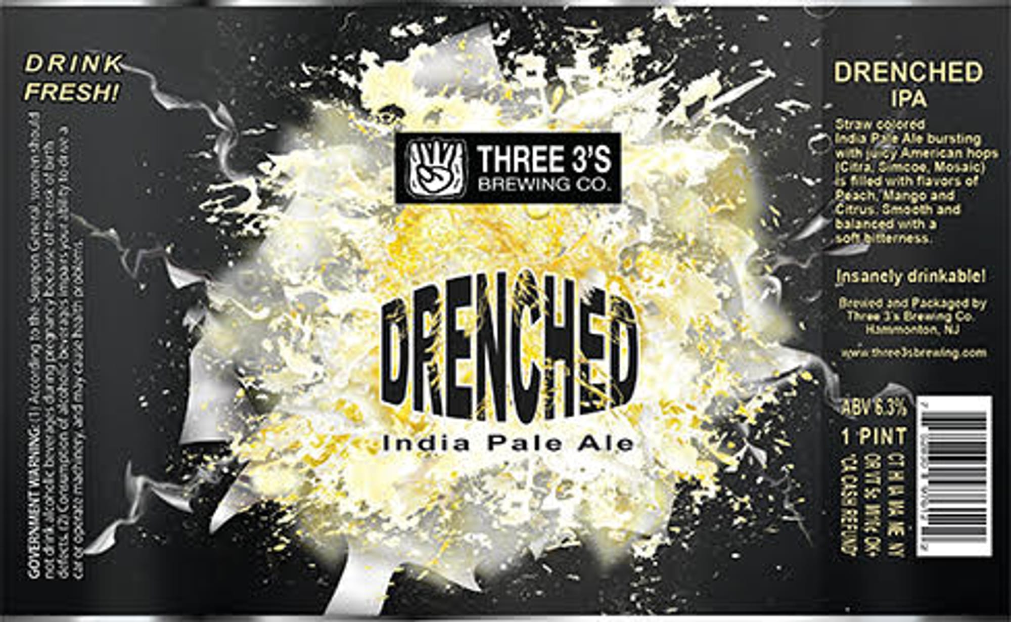 Drenched by Three 3’s Brewing - beer label
