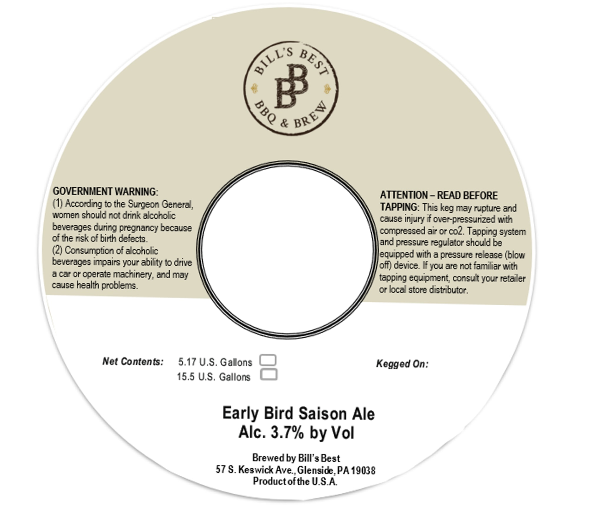 Early Bird Saison Ale by Bill's Best BBQ & Brew - beer label