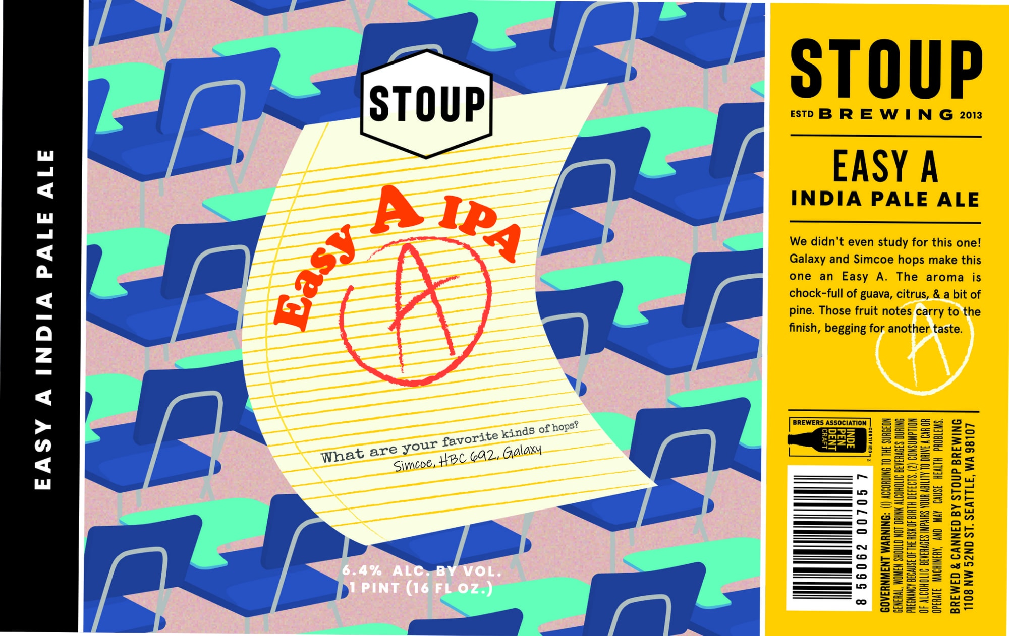 Easy A IPA by Stoup Brewing - beer label