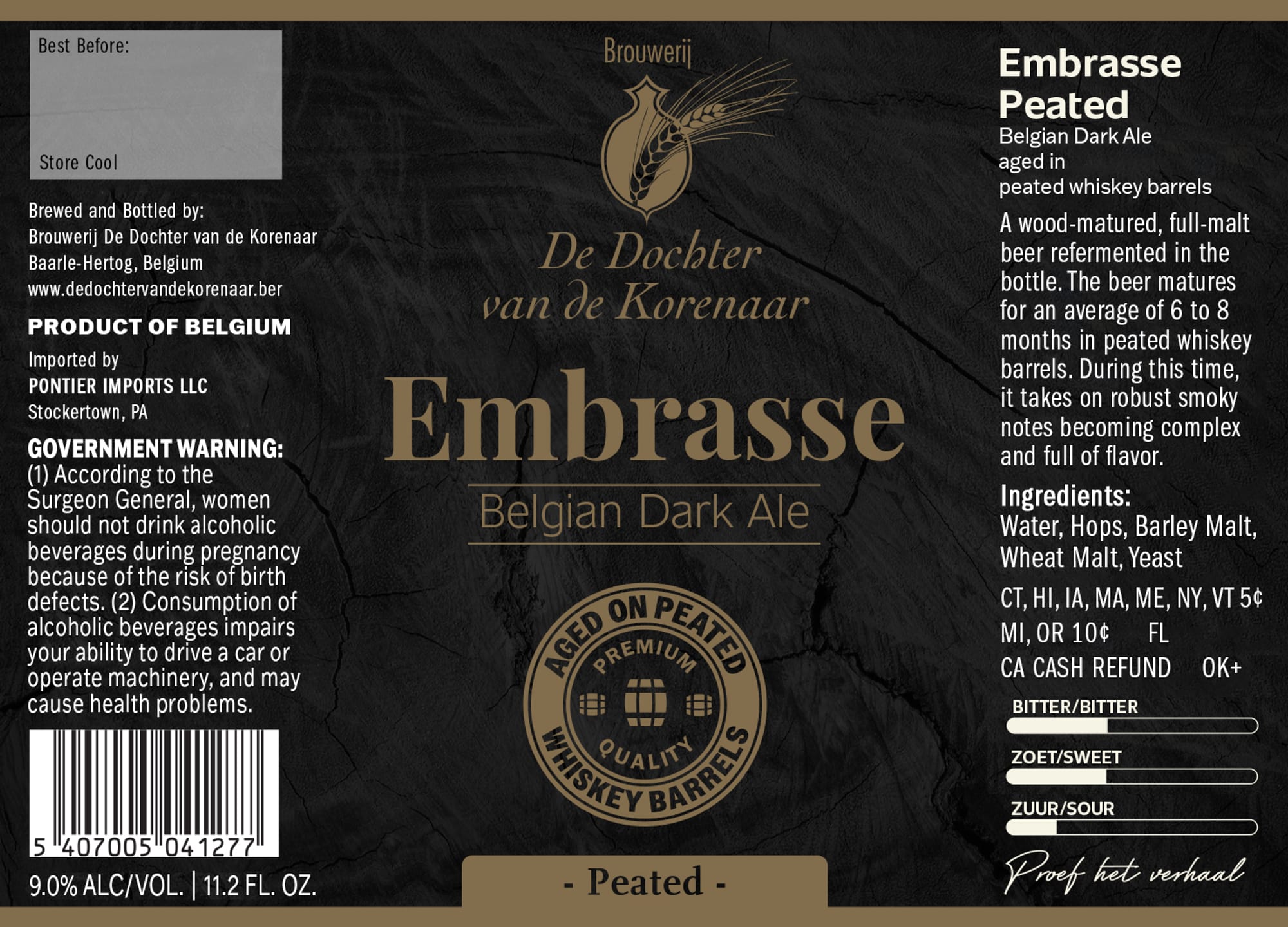 Embrasse Peated Belgian Dark Ale by Brouwerij De Dochterm van de Korenaar - beer label
