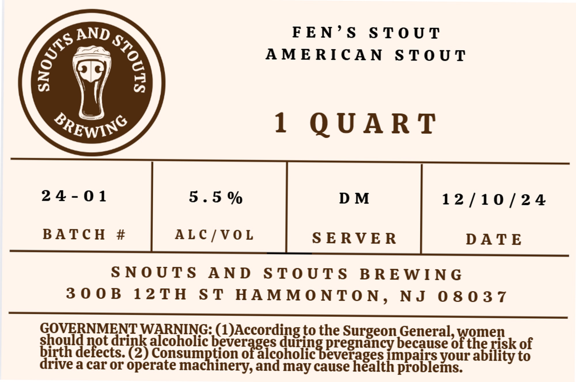 Fen’s Stout by Snouts and Stouts Brewing - beer label