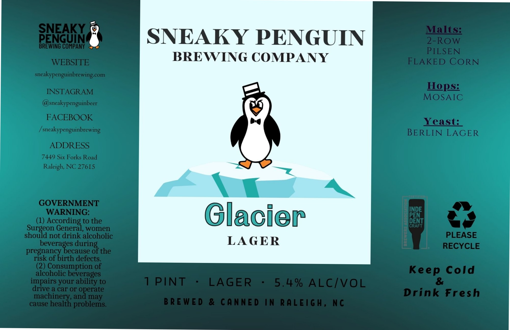 Glacier Lager by Sneaky Penguin Brewing Company - beer label
