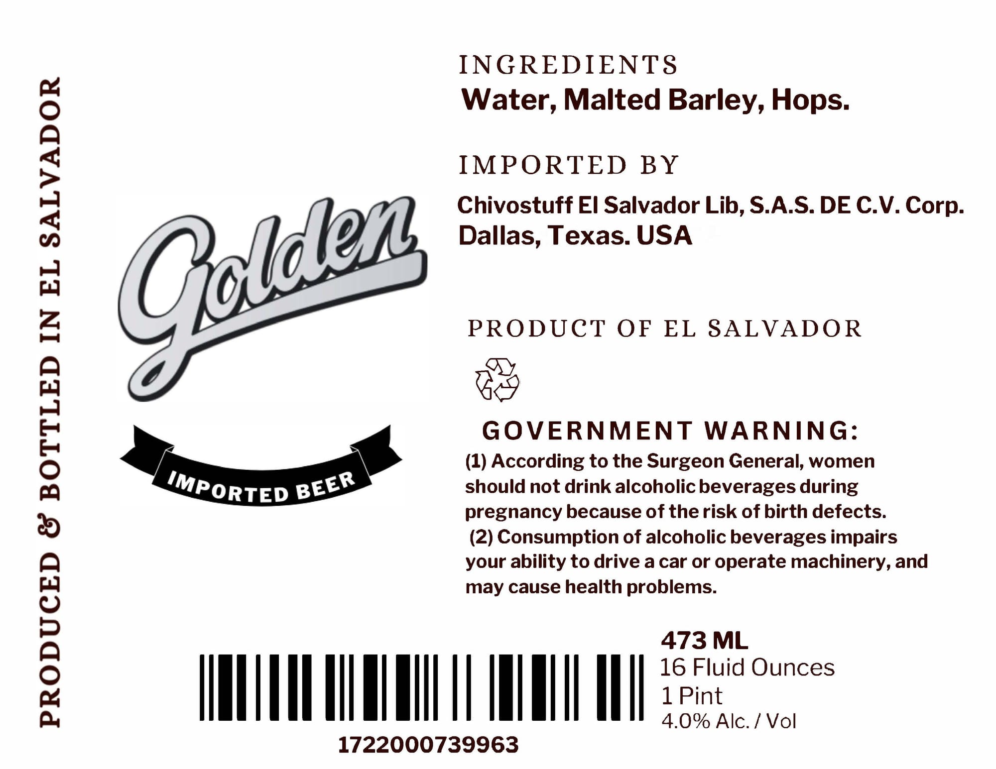 Golden by Cervecería Salvadoreña - beer label