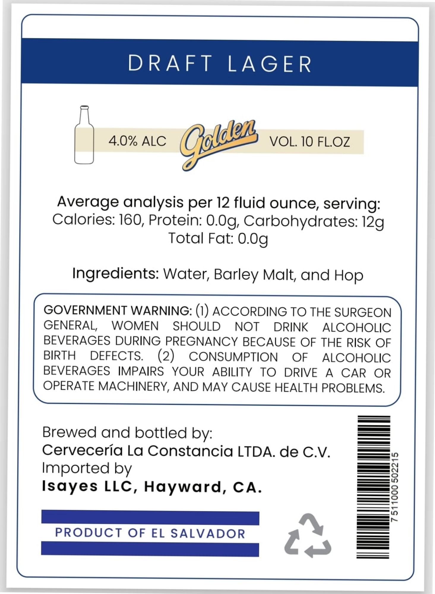 Golden Draft Lager by Cervecería La Constancia - beer label