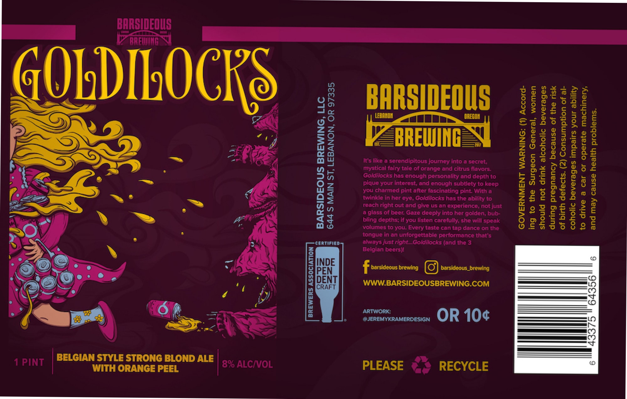 Goldilocks by Barsideous Brewing - beer label