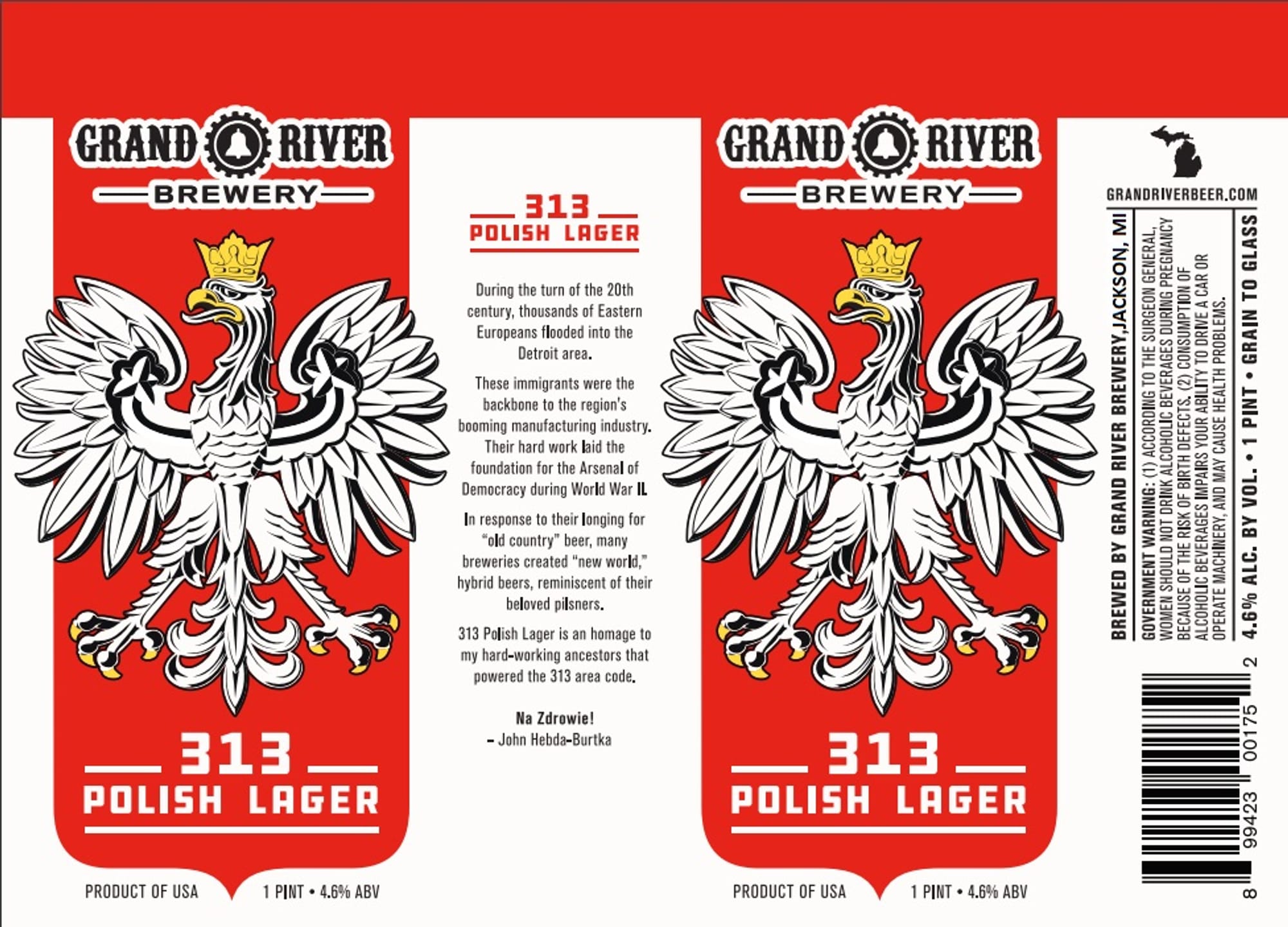 313 Polish Lager by Grand River Brewery - beer label