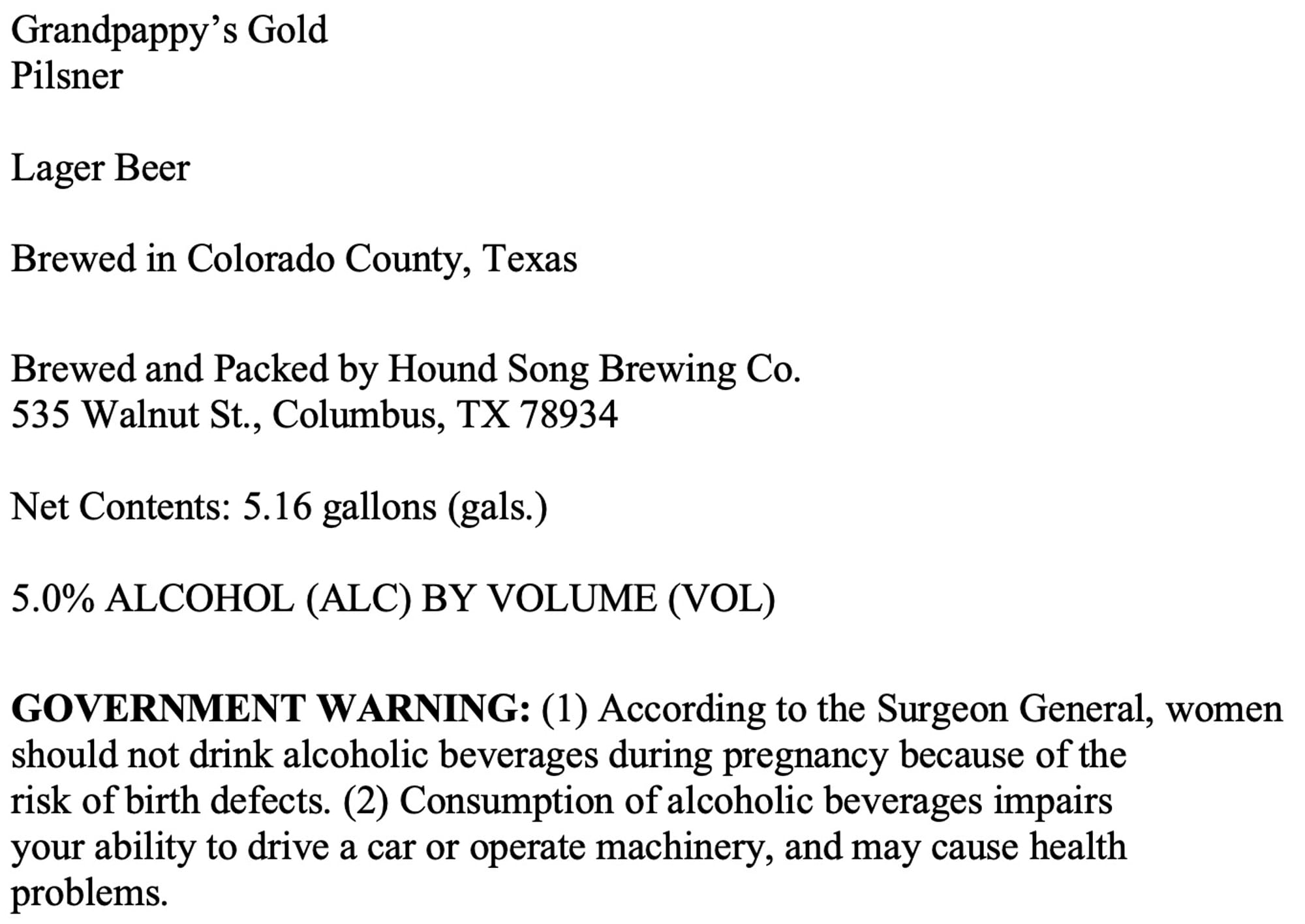 Grandpappy’s Gold by Hound Song Brewing Co. - beer label