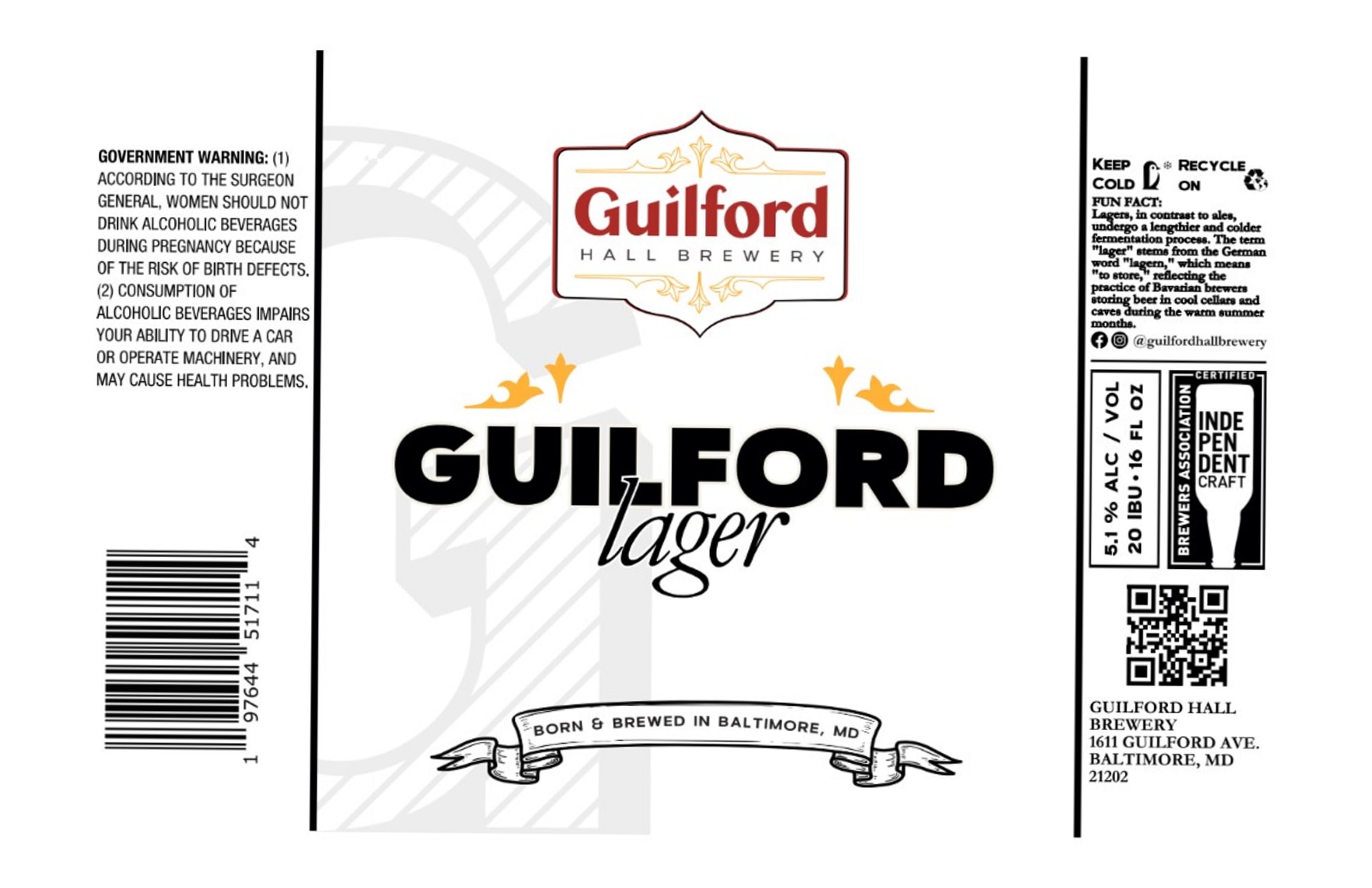 Guilford Lager by Guilford Hall Brewery - beer label