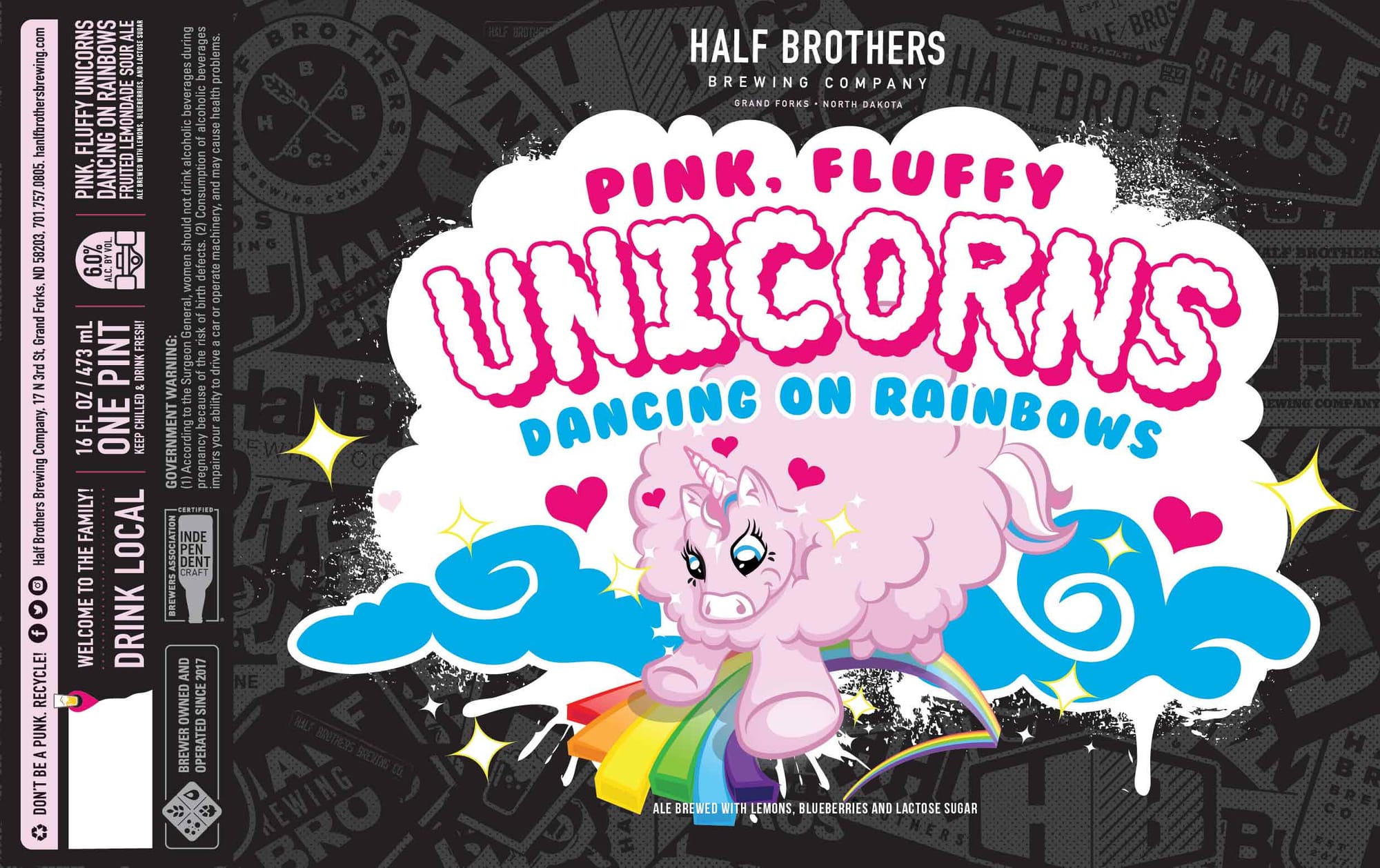 Pink Fluffy Unicorns Dancing On Rainbows by Half Brothers Brewing Company - beer label