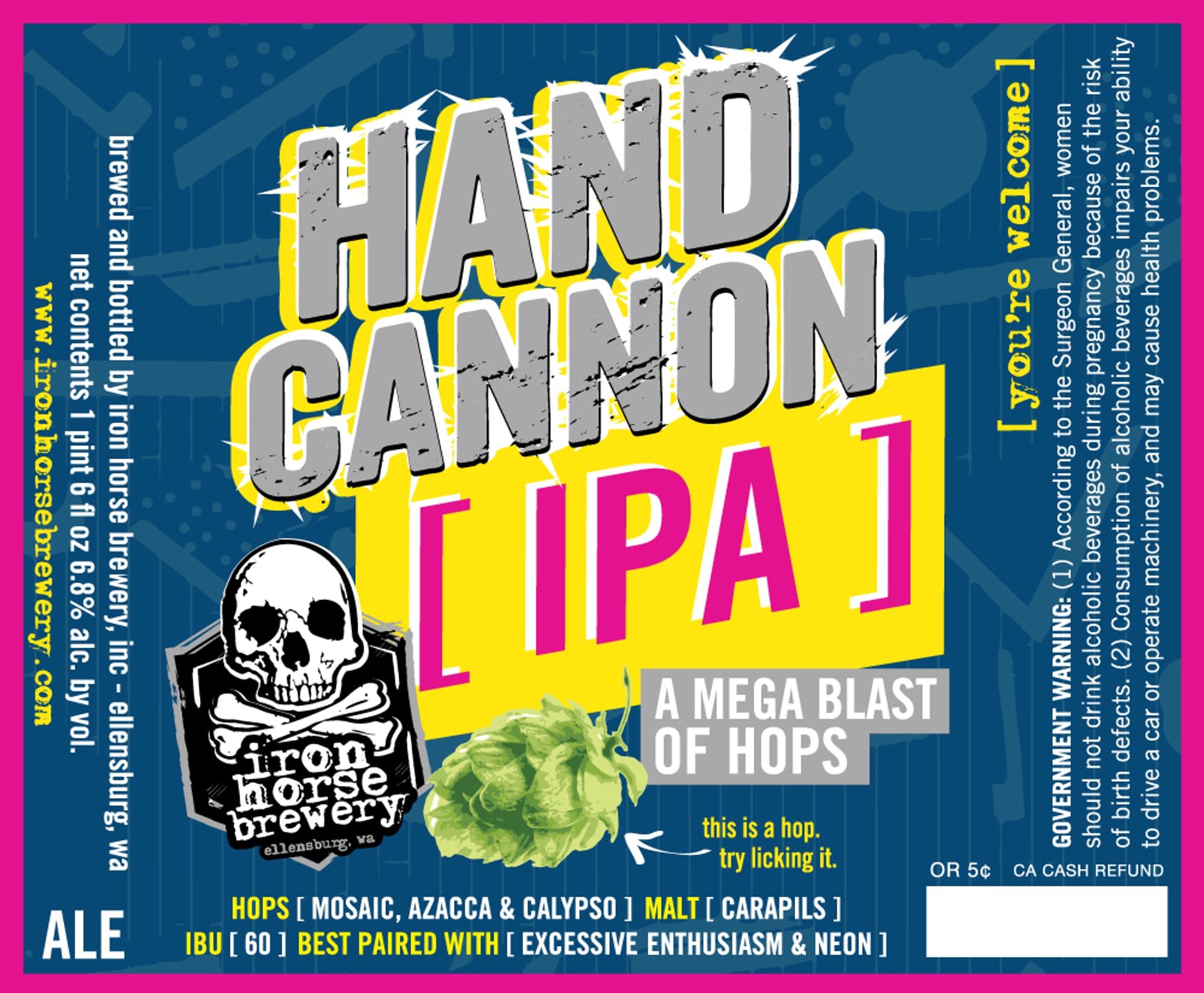 Hand Cannon IPA by Iron Horse Brewery - beer label