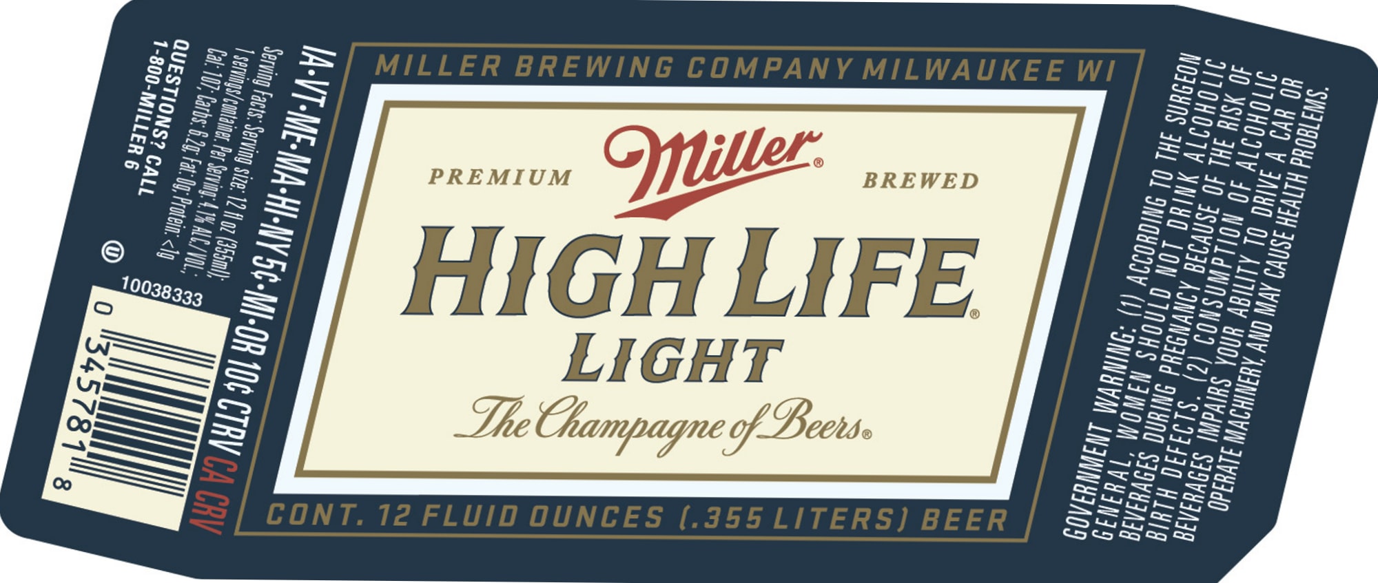 High Life Light by Miller Brewing Company - beer label