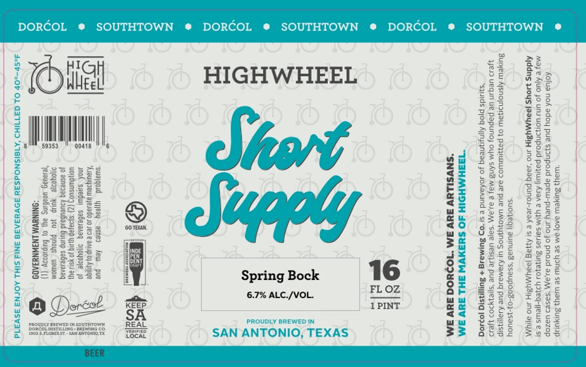 High Wheel Short Supply by Dorcol Distilling, Brewing & Co. - beer label