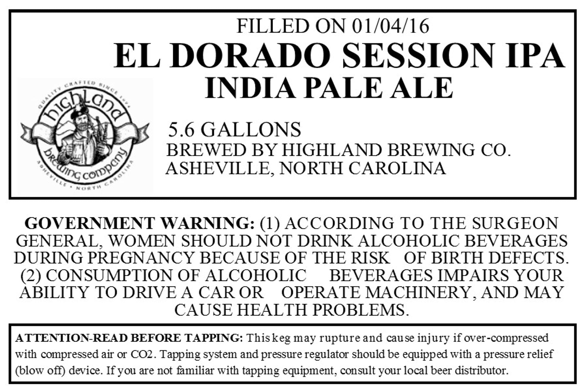 El Dorado Session IPA by Highland Brewing Co. - beer label