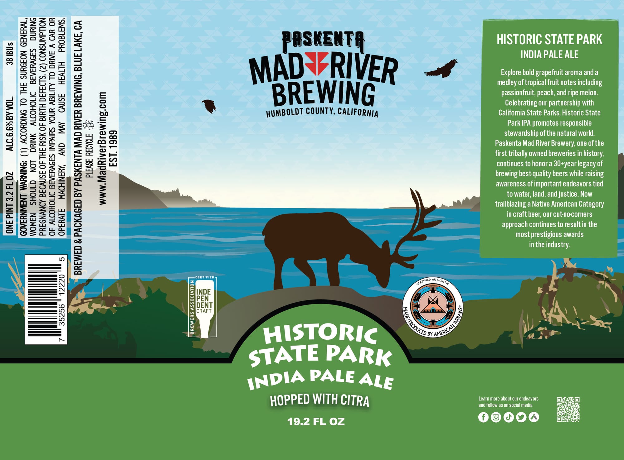Historic State Park India Pale Ale by Paskenta Mad River Brewing - beer label