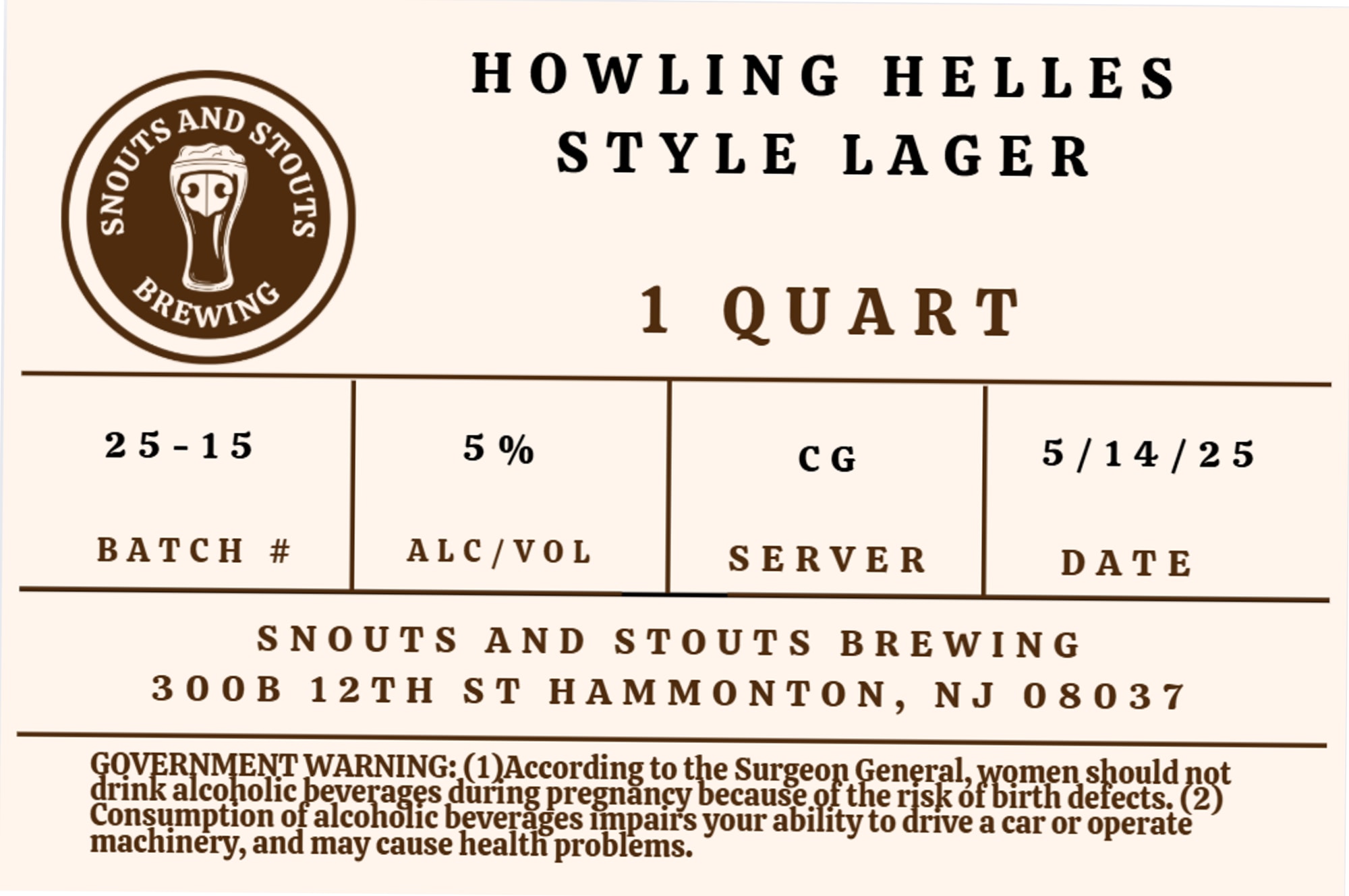 Howling Helles by Snouts and Stouts Brewing - beer label