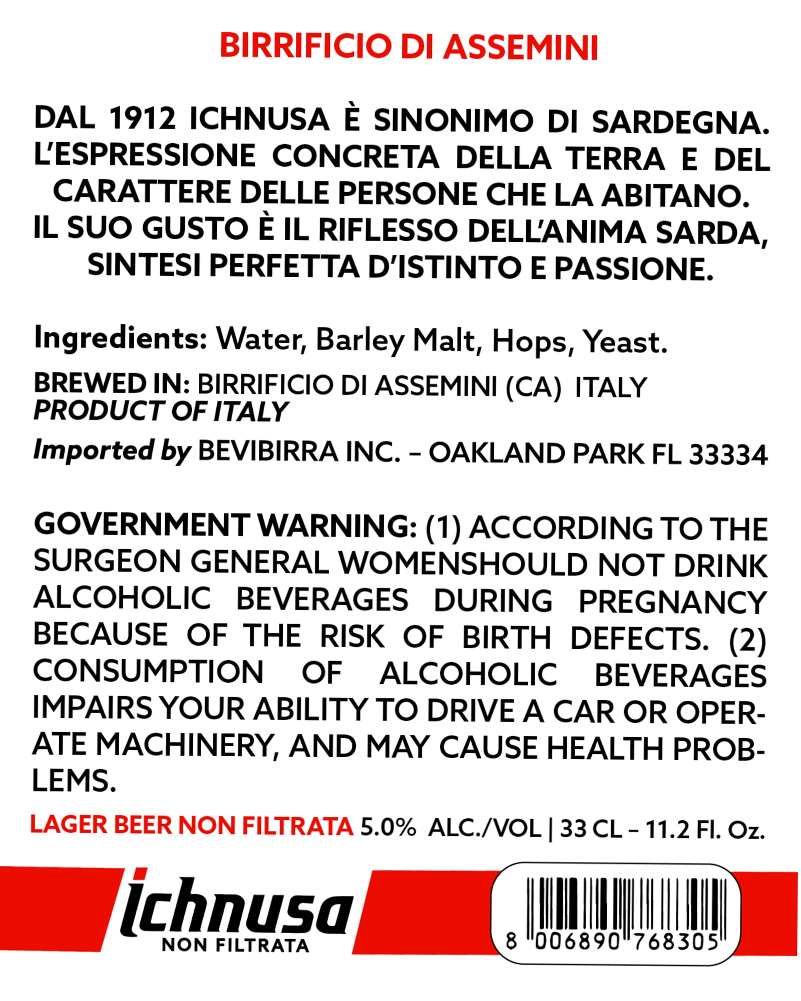Ichnusa Non Filtrata by Birrificio di Assemini - beer label