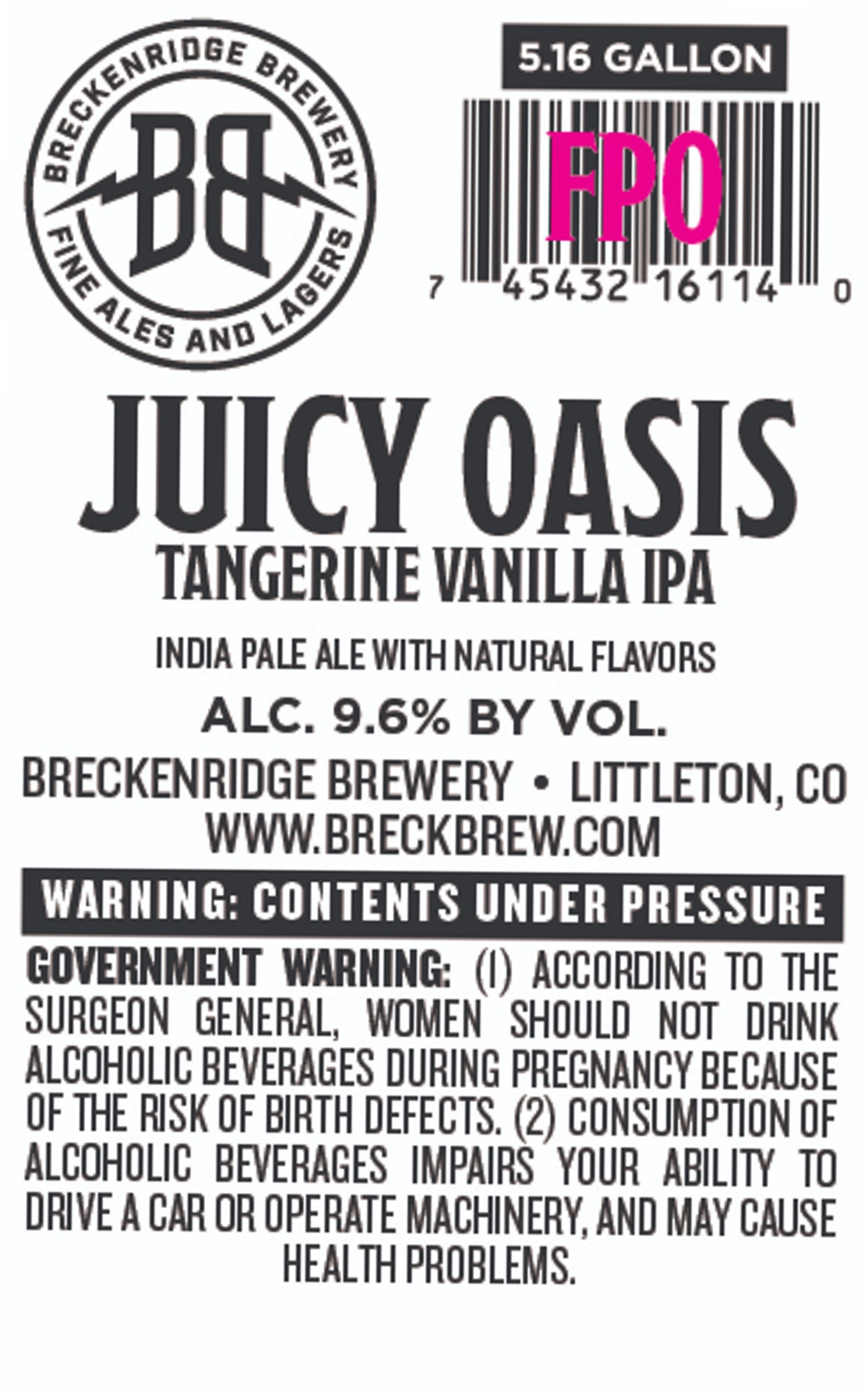 Juicy Oasis by Breckenridge Brewery - beer label