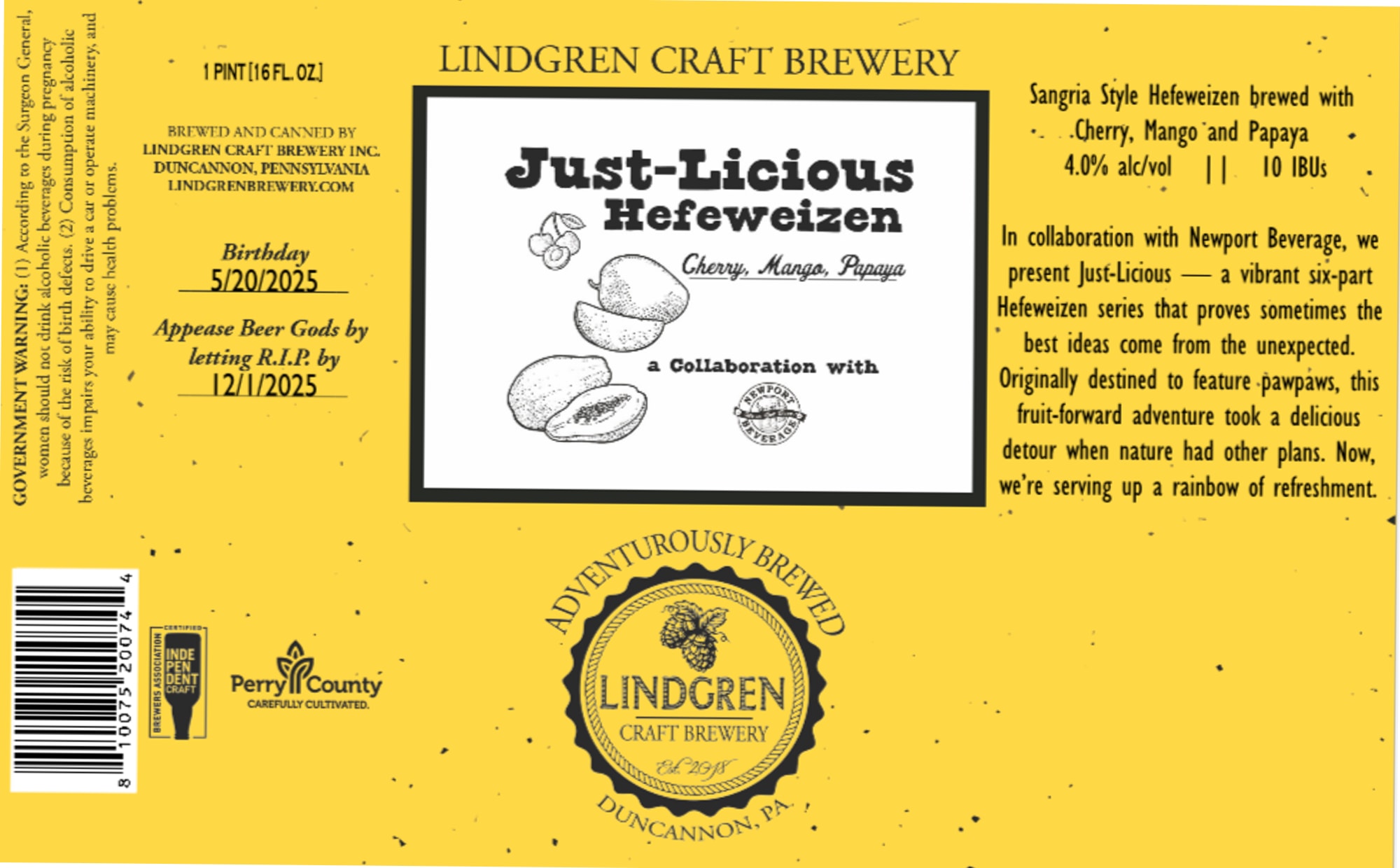 Just-Licious Hefeweizen by Lindgren Craft Brewery - beer label