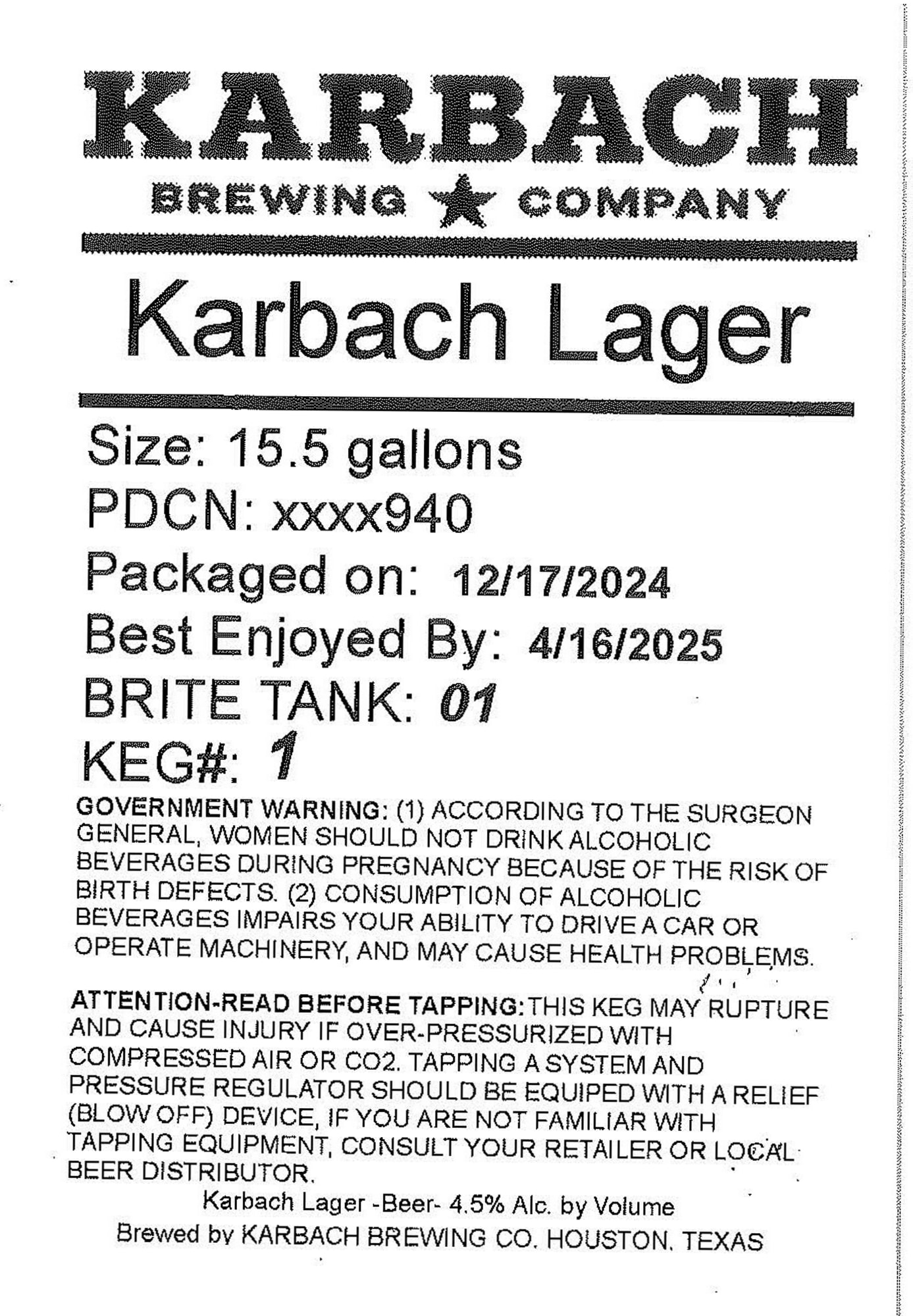 Karbach Lager by Karbach Brewing Co. - beer label