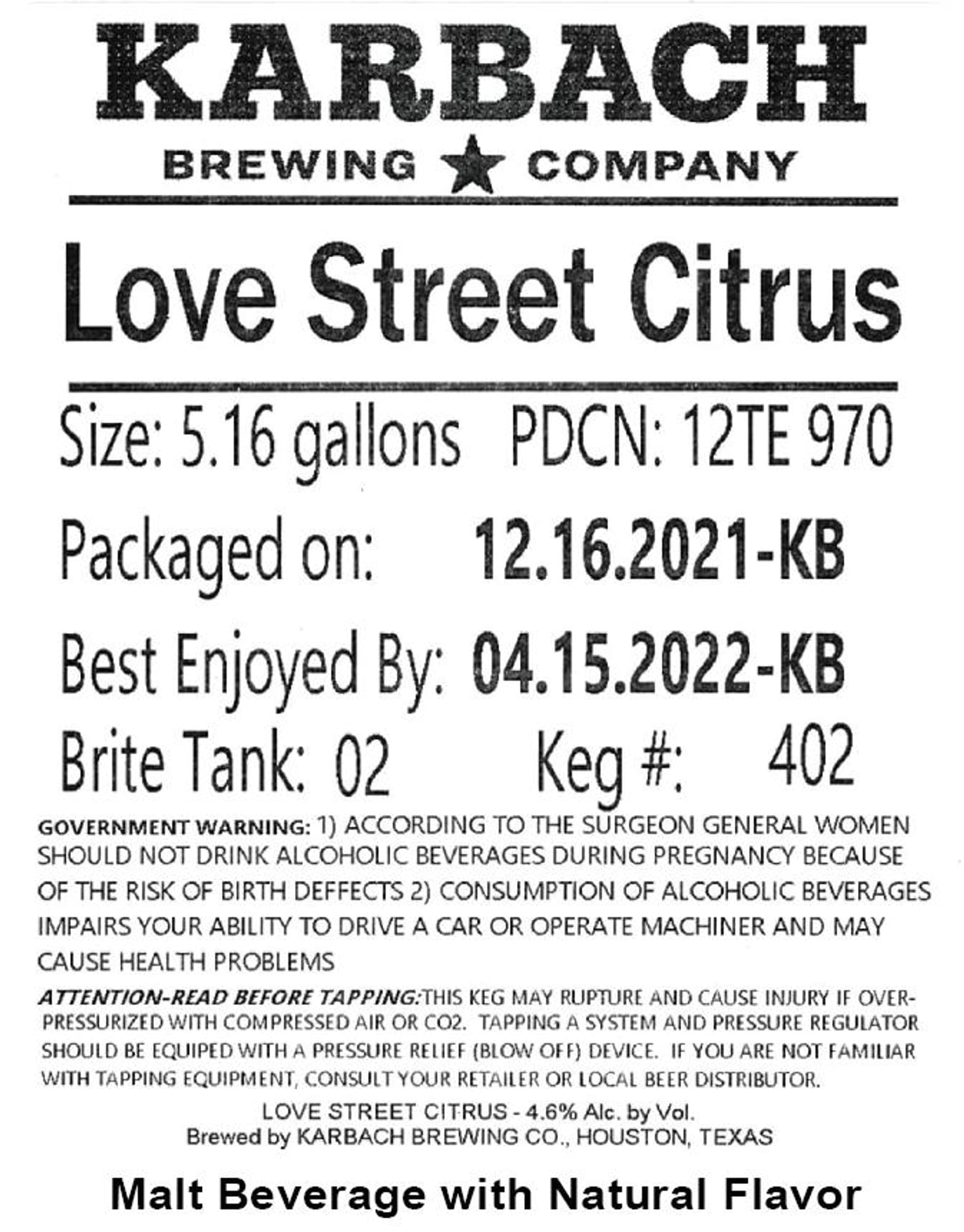 Love Street Citrus by Karbach Brewing Co. - beer label