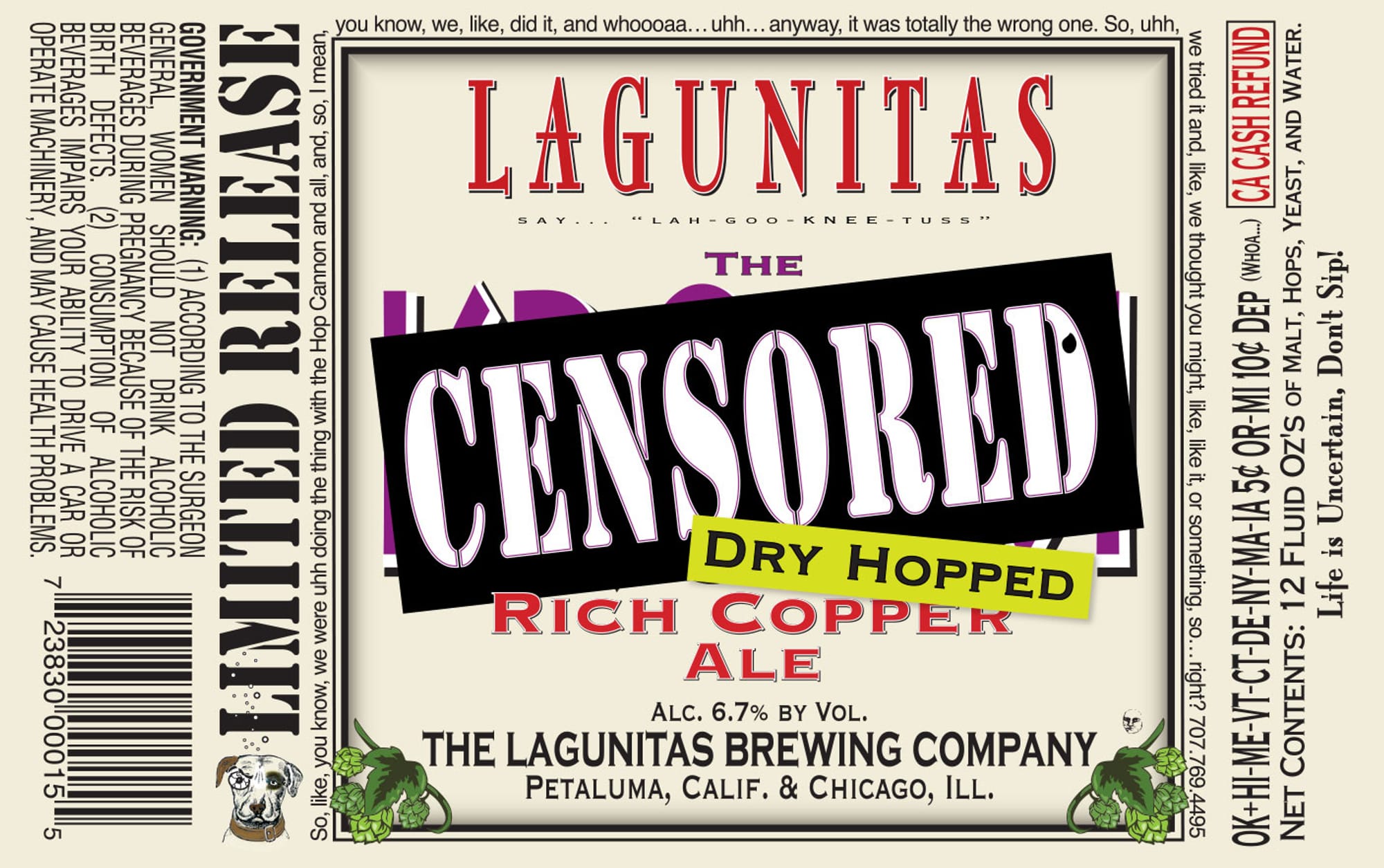 Cash Return Dry Hopped Rich Copper Ale by Lagunitas Brewing Company - beer label