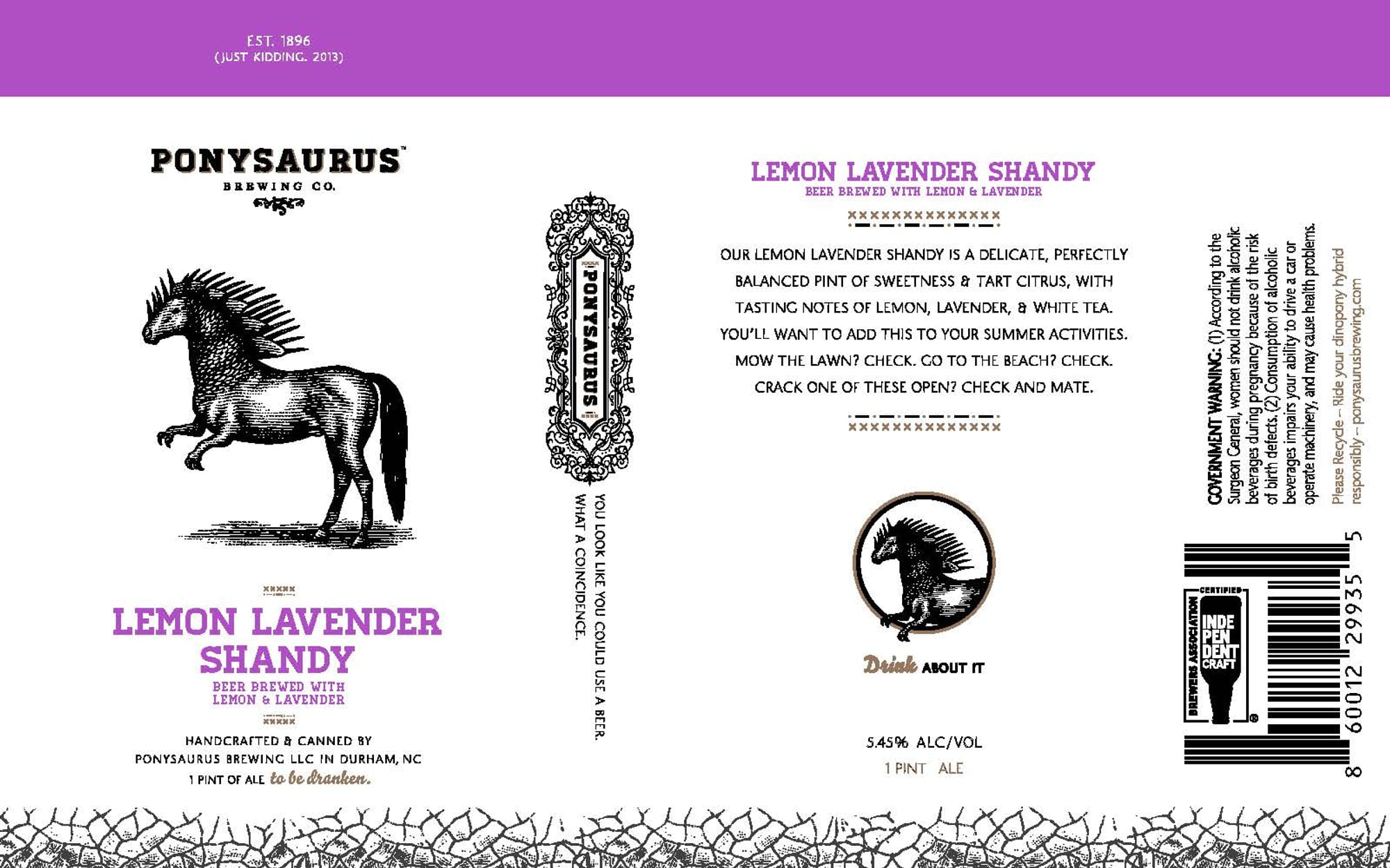 Lemon Lavender Shandy by Ponylosaurus Brewing Co. - beer label