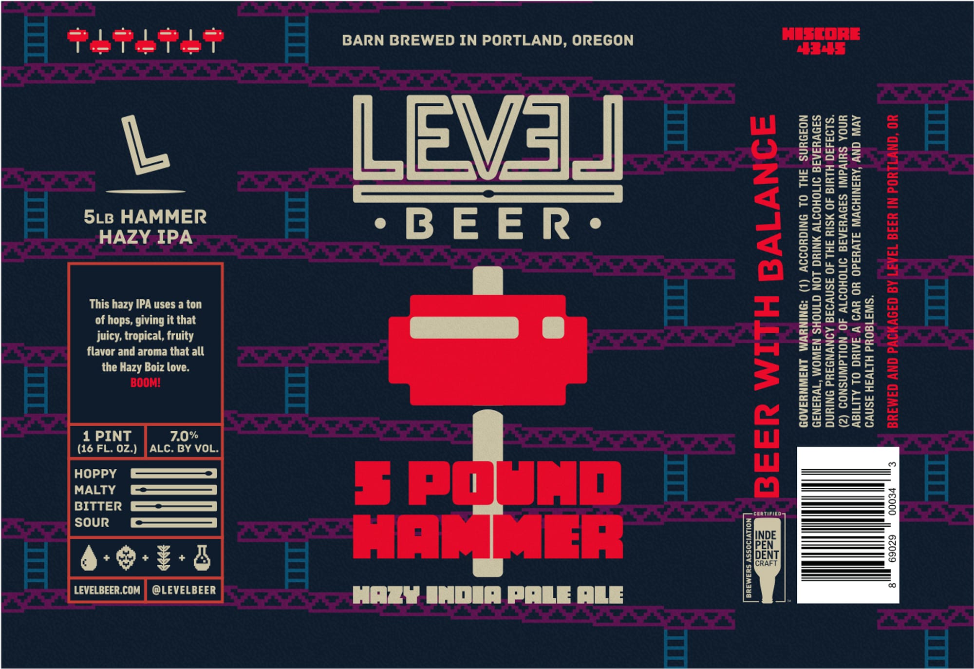 5lb Hammer Hazy IPA by Level Beer - beer label