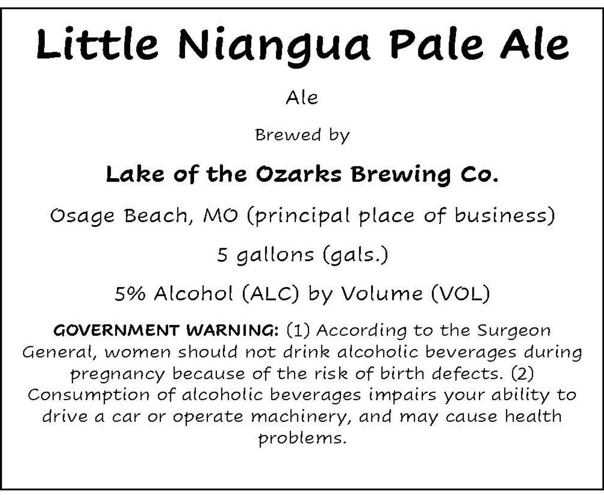 Little Niangua Pale Ale by Lake of the Ozarks Brewing Co. - beer label