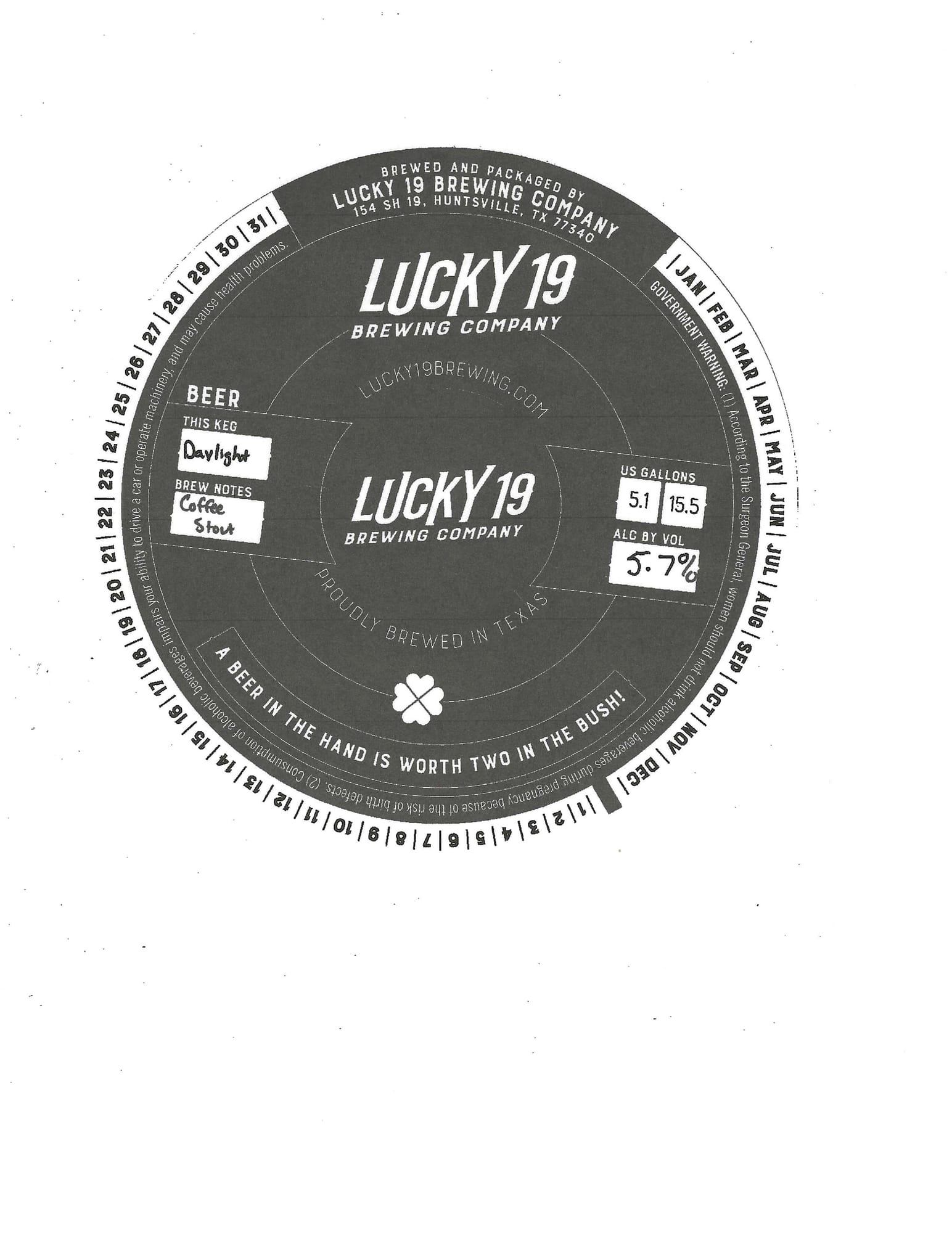 Daylight Coffee Stout by Lucky 19 Brewing Company - beer label
