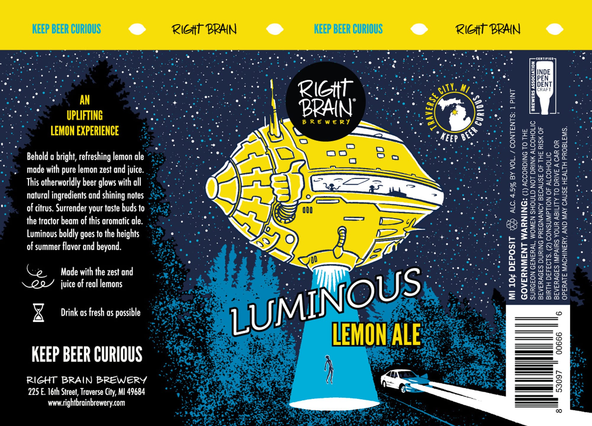 Luminous Lemon Ale by Right Brain Brewery - beer label