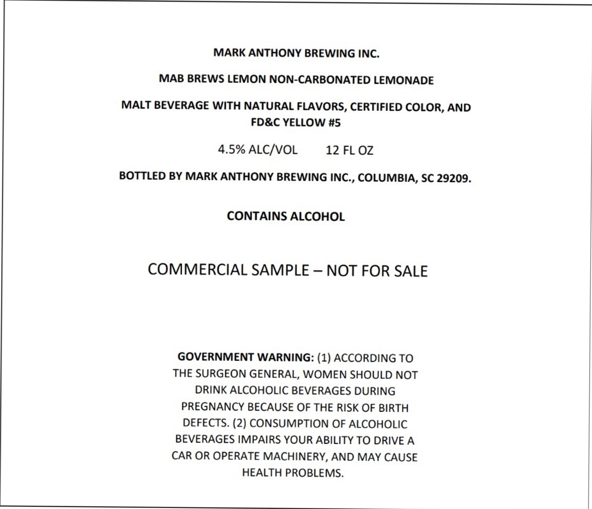 MAB Brews Lemon Non-Carbonated Lemonade by Mark Anthony Brewing Inc. - beer label