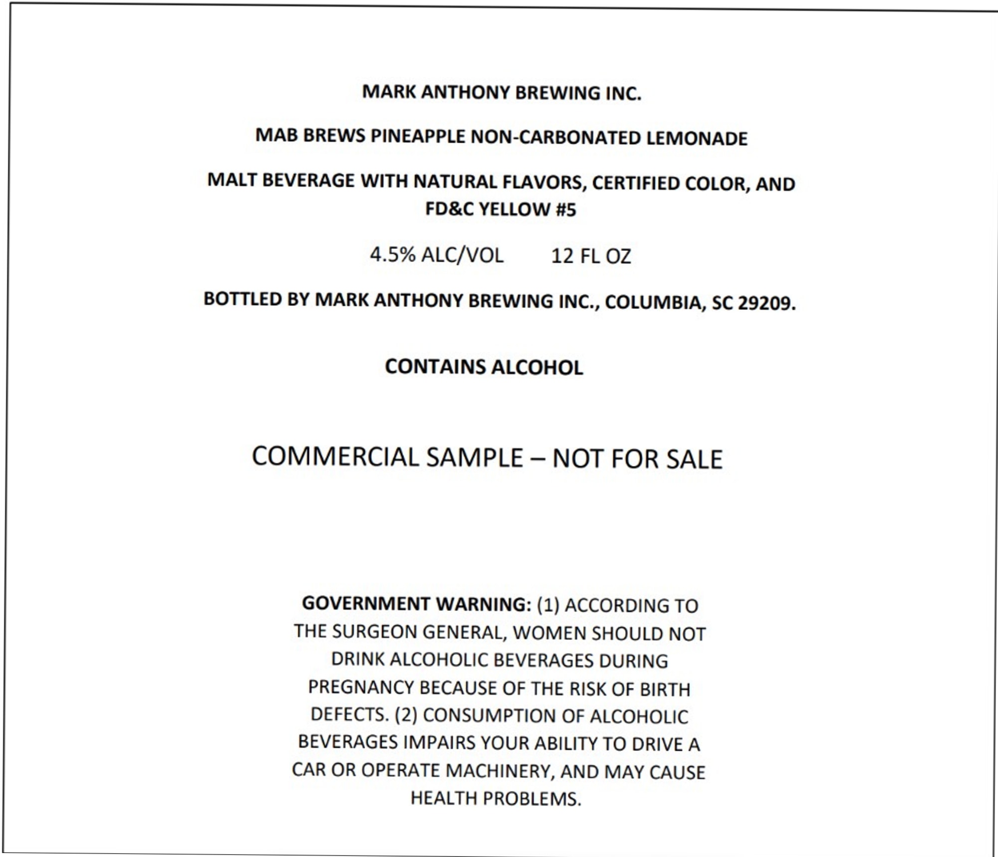 MAB Brews Pineapple Non-Carbonated Lemonade by Mark Anthony Brewing Inc. - beer label