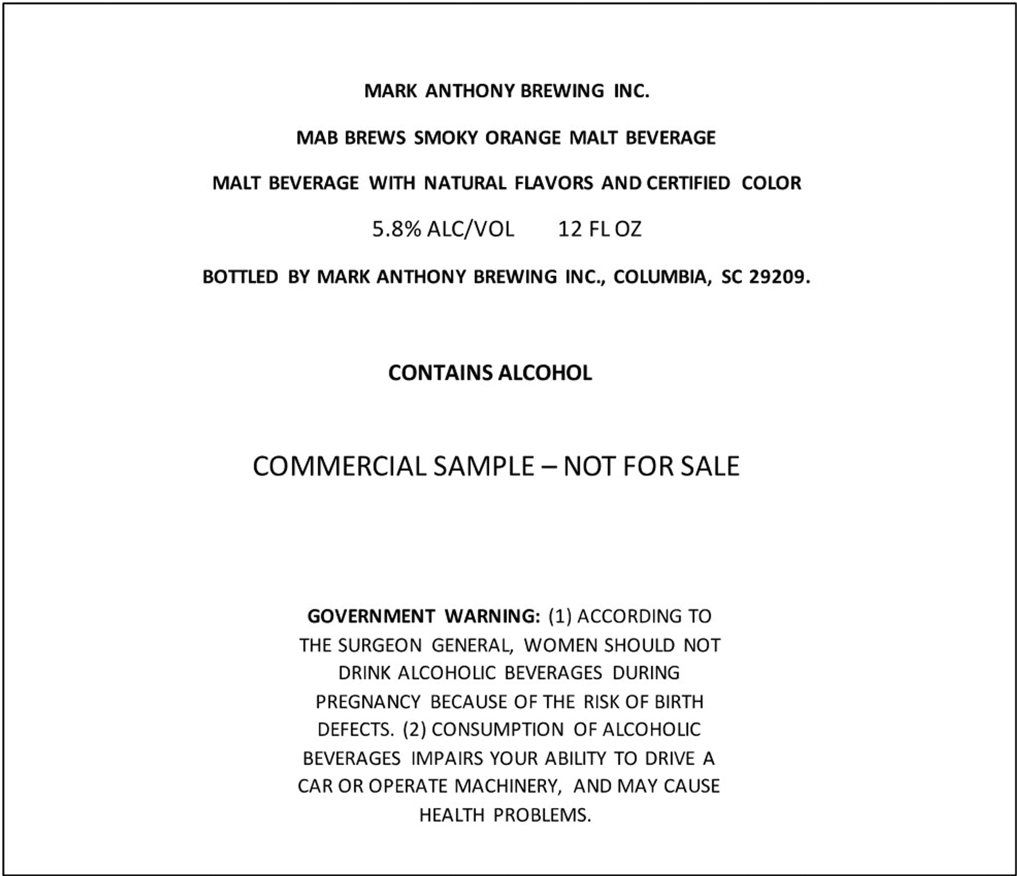 Mab Brews Smoky Orange Malt Beverage by Mark Anthony Brewing Inc. - beer label