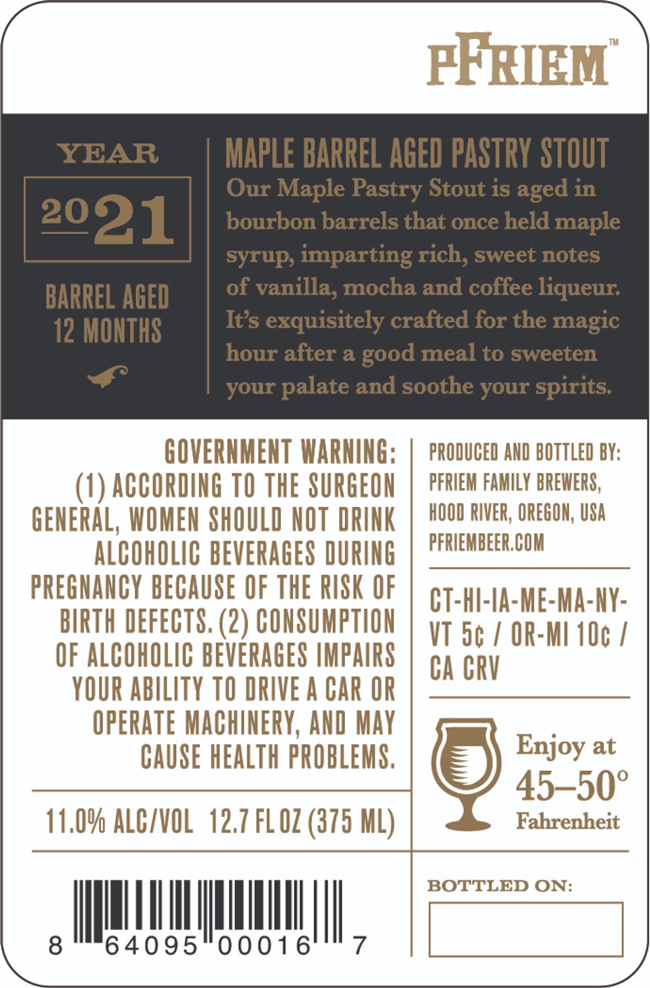 Maple Barrel Aged Pastry Stout by Pfriem Family Brewers - beer label