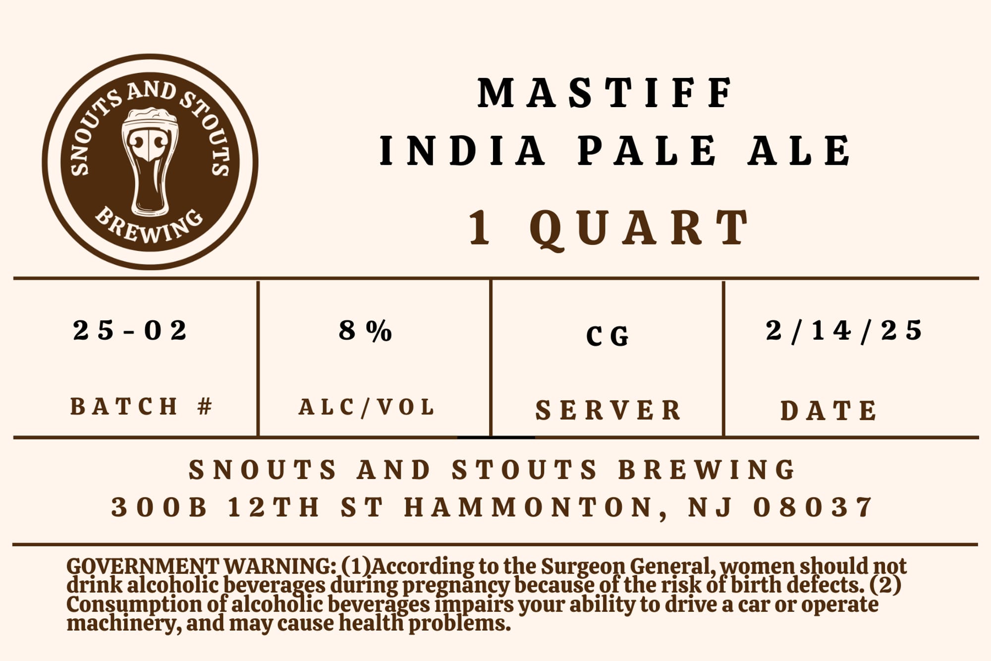 Mastiff India Pale Ale by Snouts and Stouts Brewing - beer label