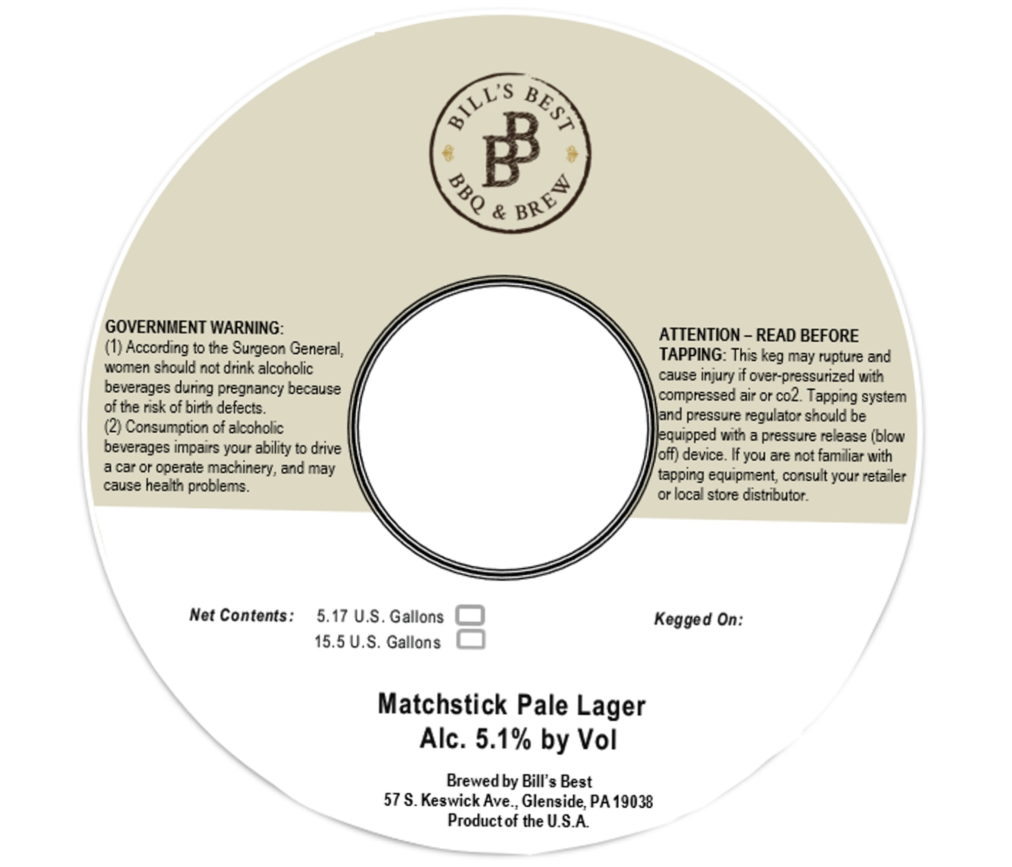 Matchstick Pale Lager by Bill’s Best BBQ & Brew - beer label
