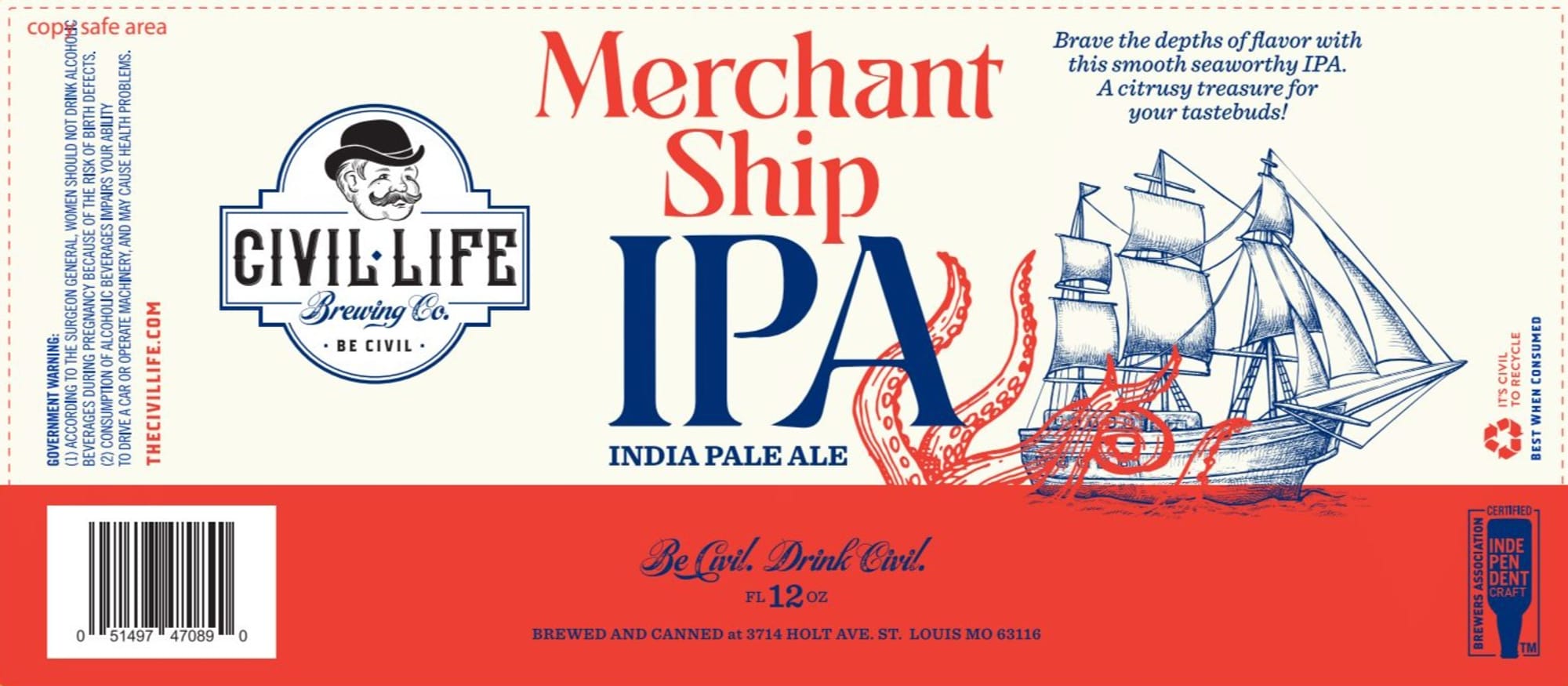 Merchant Ship IPA by Civil Life Brewing Co. - beer label