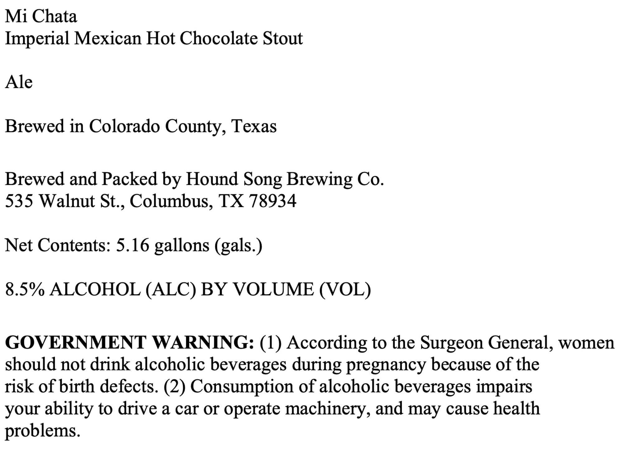 Mi Chata by Hound Song Brewing Co. - beer label