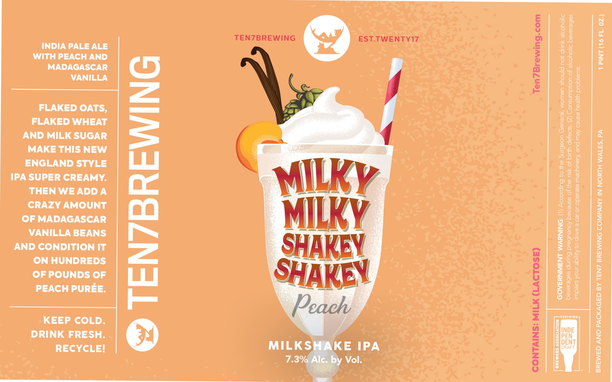 Milky Shakey Peach by Ten7 Brewing - beer label