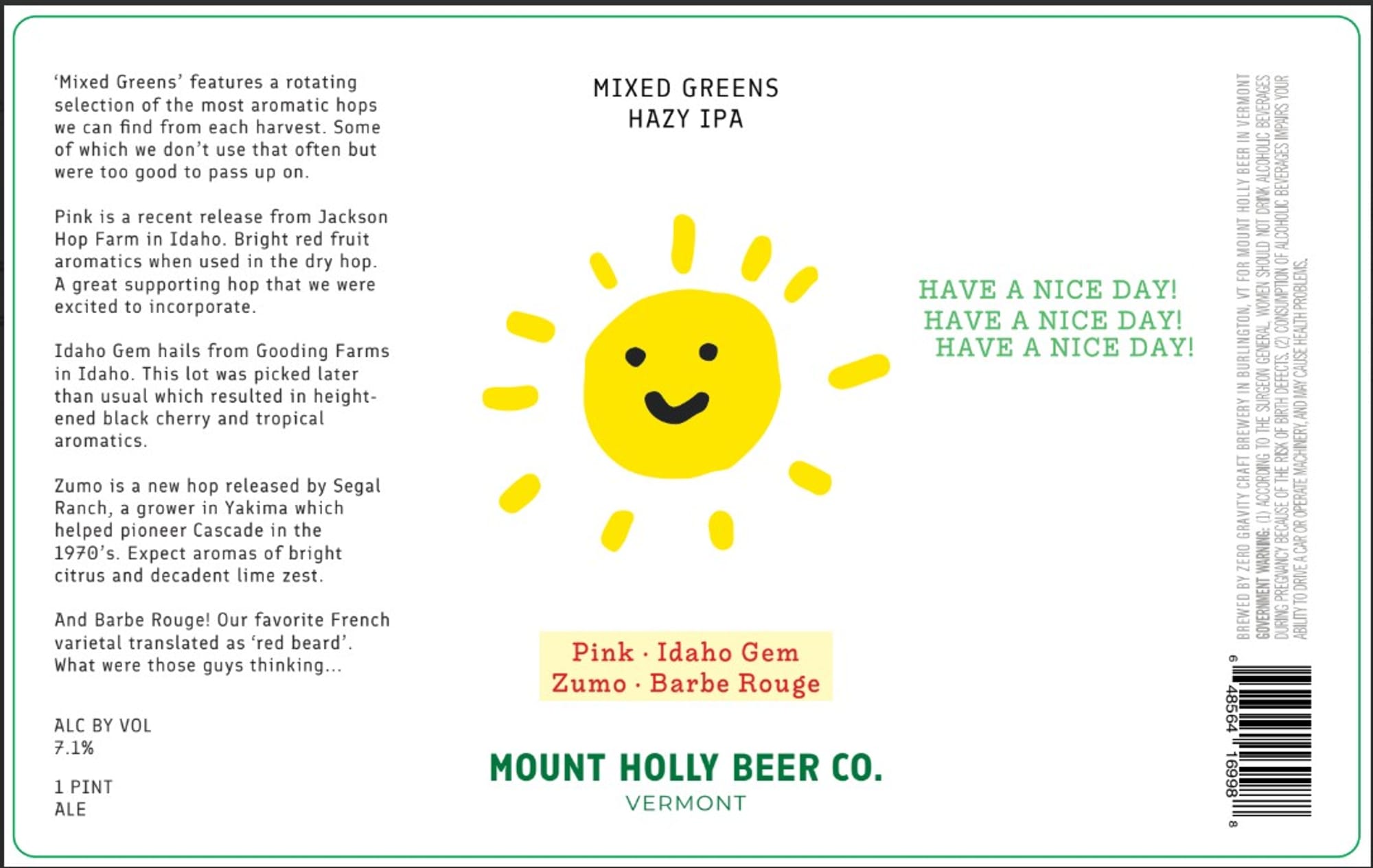 Mixed Greens by Mount Holly Beer Co. - beer label
