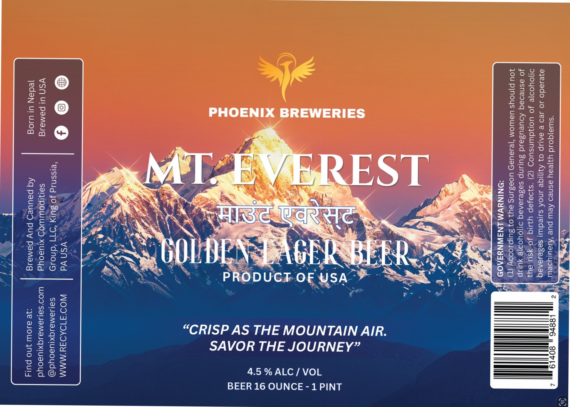 Mt. Everest Golden Lager Beer by Phoenix Breweries - beer label