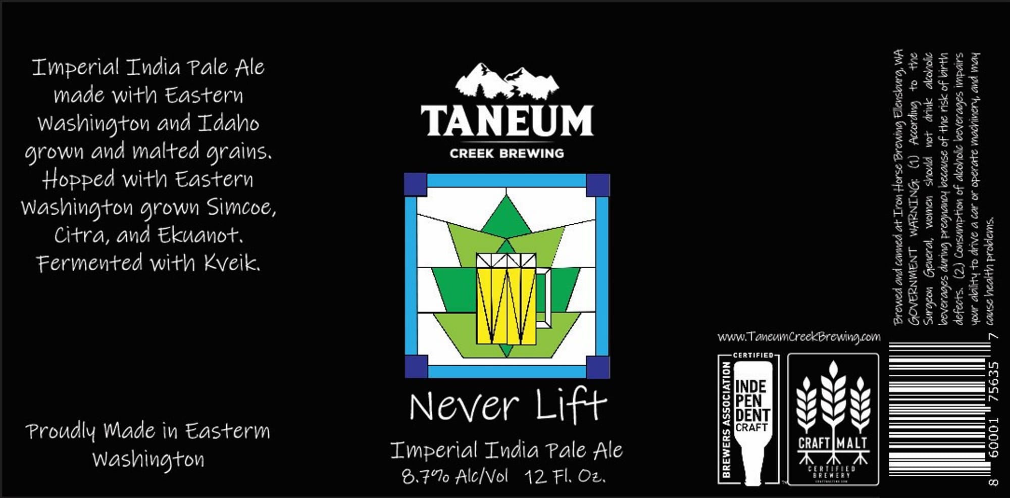 Never Lift by Taneum Creek Brewing - beer label