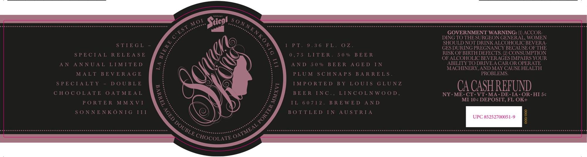 Sonnenkönig Double Chocolate Oatmeal Porter XXVI by Stiegl - beer label