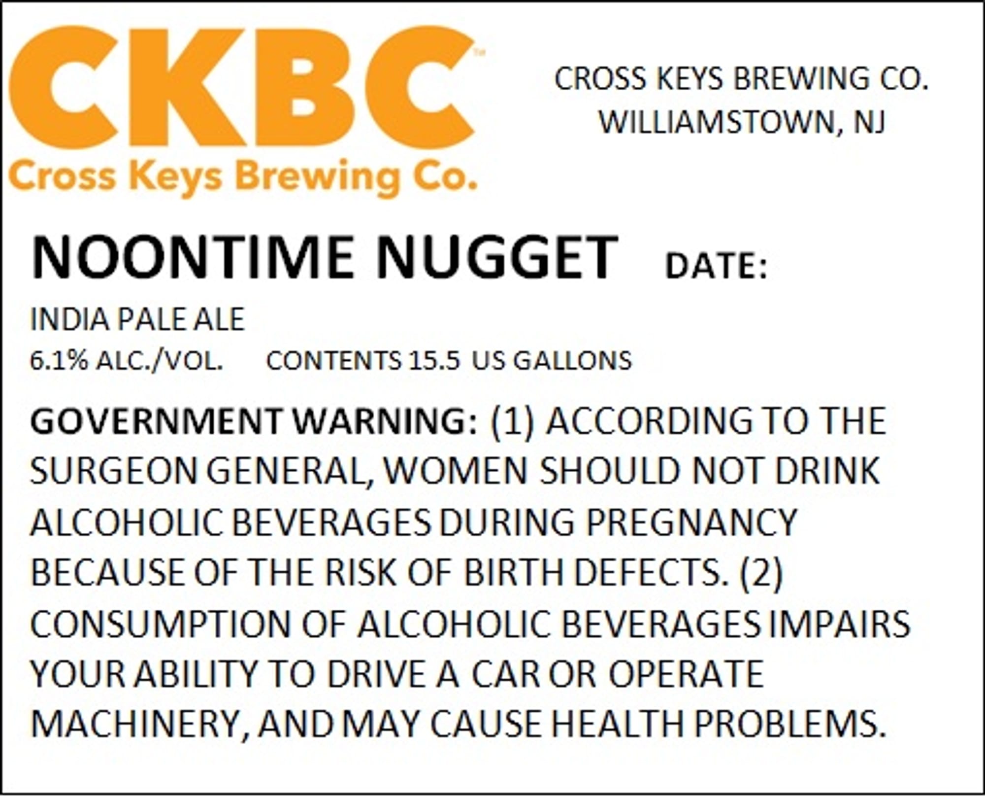 Noontime Nugget by Cross Keys Brewing Co. - beer label