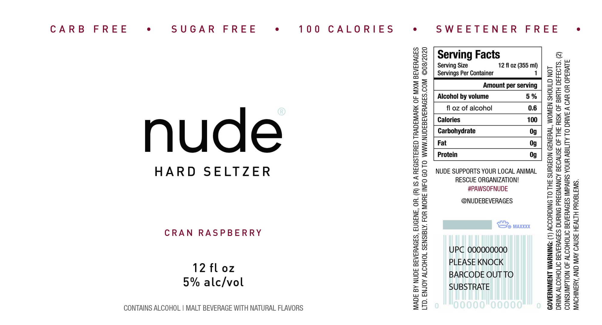 Hard Seltzer Cran Raspberry by Nude Beverages - beer label