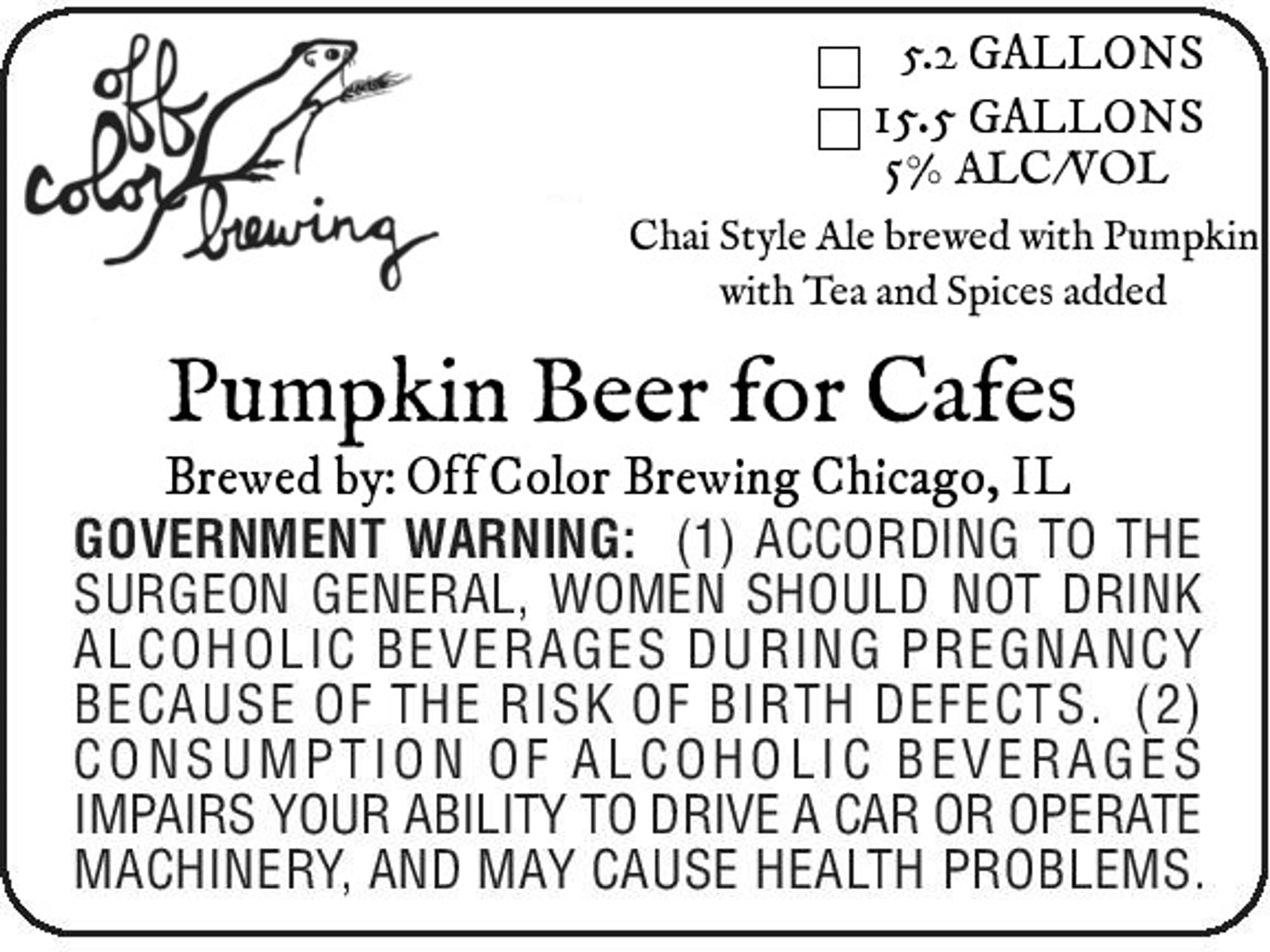 Pumpkin Beer for Cafes by Off Color Brewing - beer label