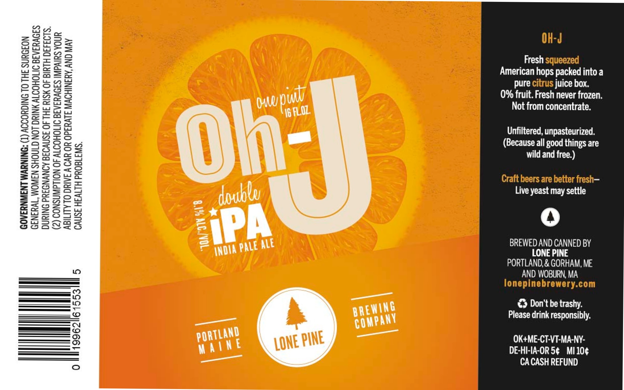 Oh-J Double IPA by Lone Pine Brewing Company - beer label