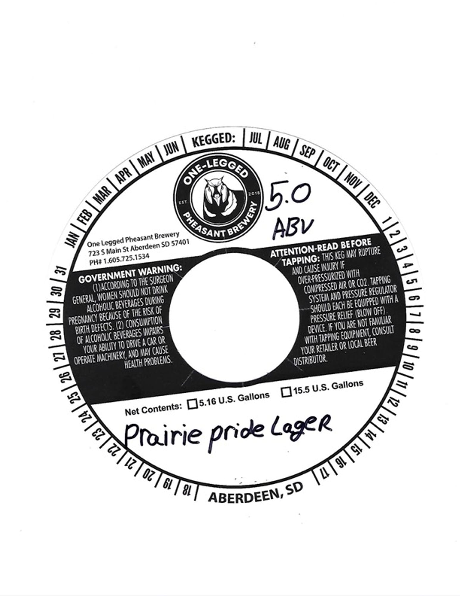 Prairie Pride Lager by One-Legged Pheasant Brewery - beer label