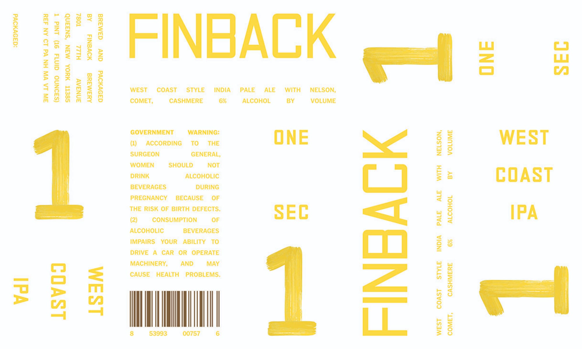 One Sec West Coast IPA by Finback Brewery - beer label